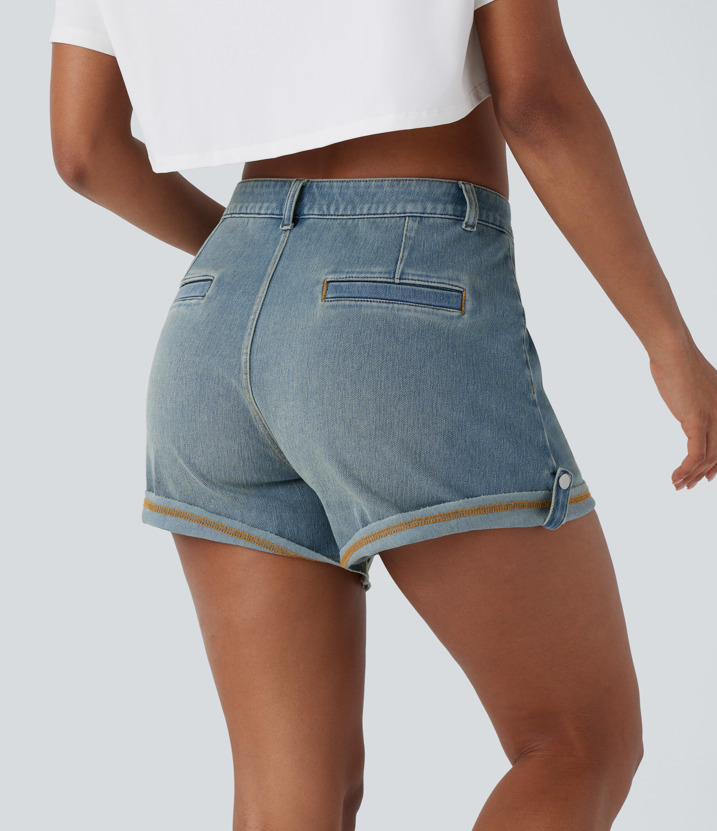 Light Azure Blue Denim Halara Flex™ Mid Rise Pocket Rolled Hem Washed Denim Casual Shorts / 2