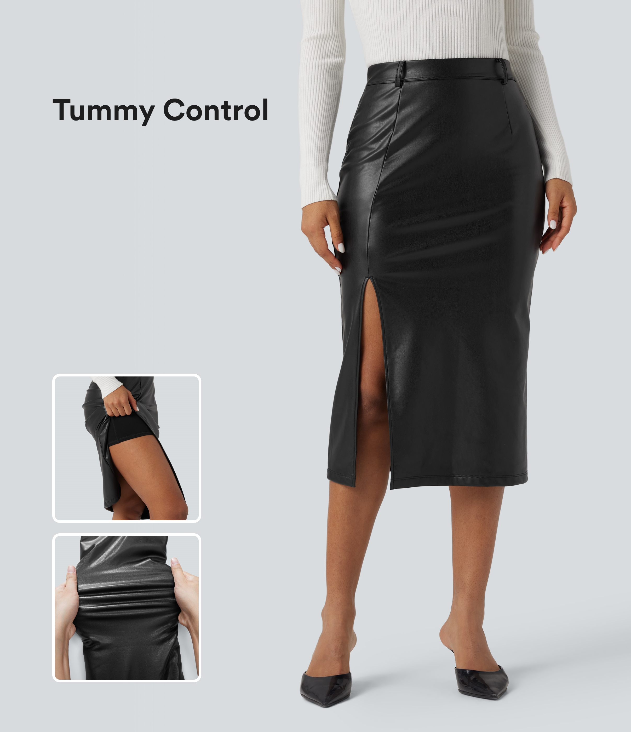 High Waisted Tummy Control 2-in-1 Midi Casual PU Leather Skirt