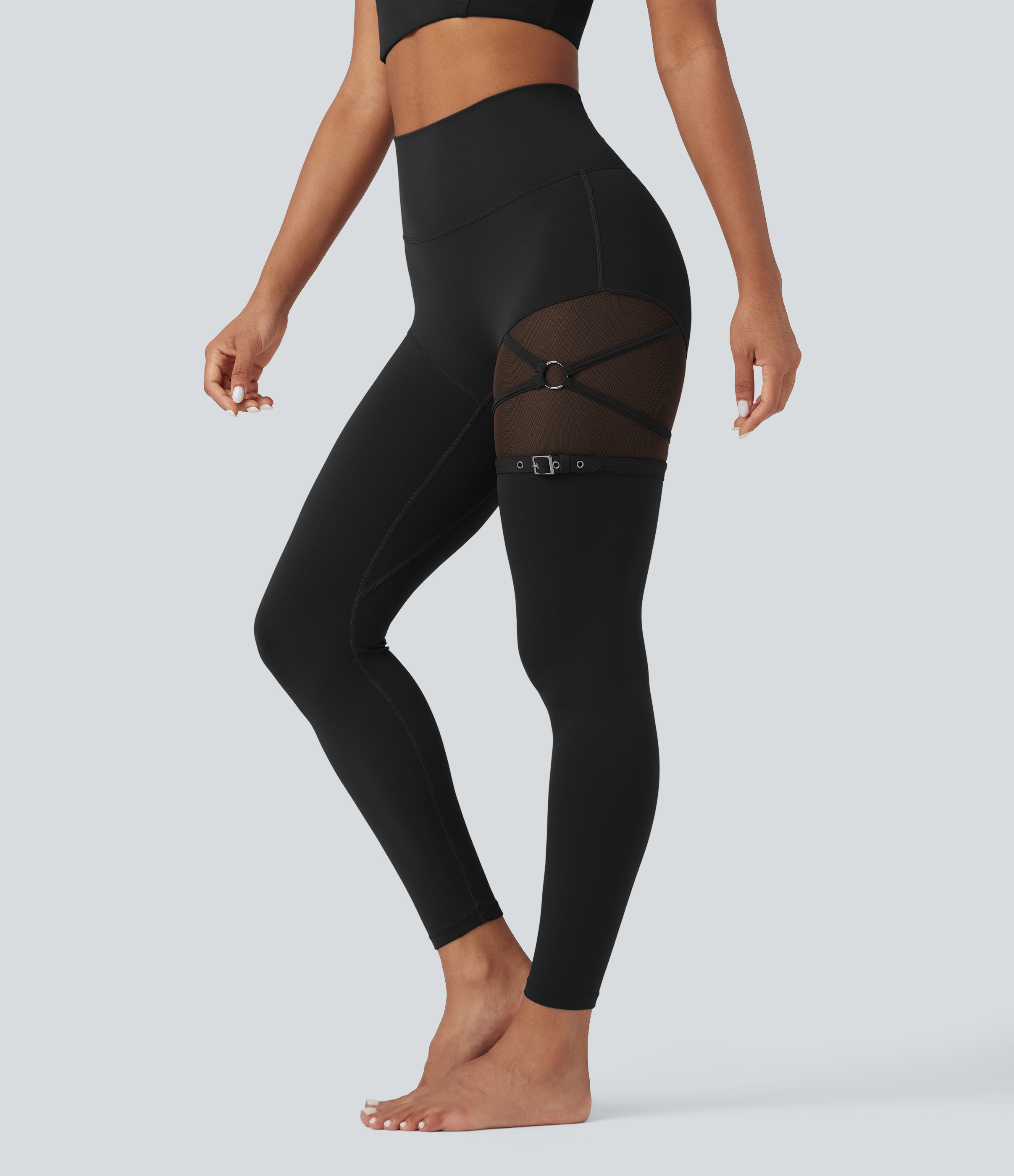 SoftlyZero™ Tanzleggings mit hohem Bund, kontrastfarbenem Mesh-Gewebe, verstellbarem Schnallenverschluss und Tasche – UPF 50+