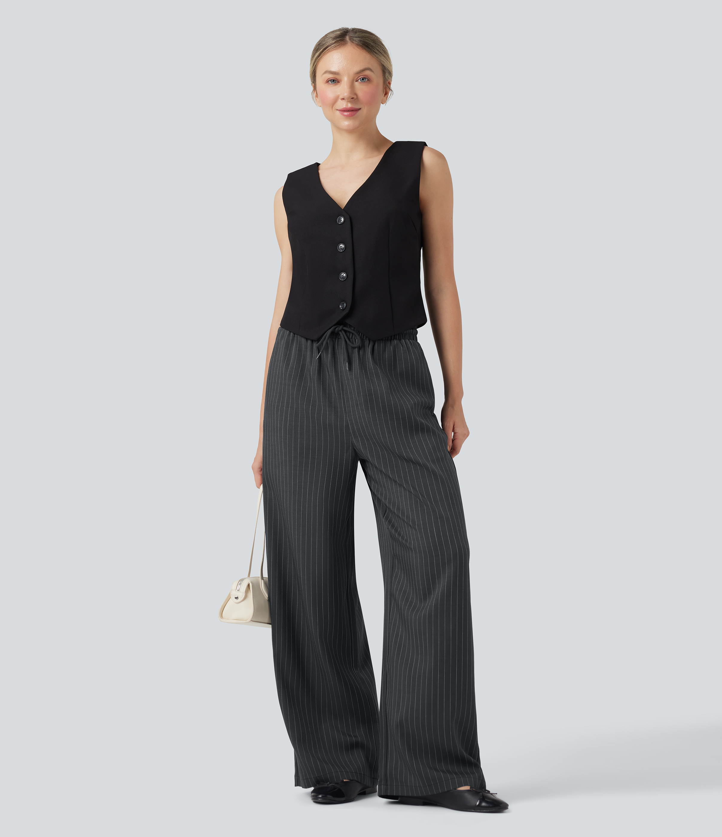 High Waisted Drawstring Wide Leg Stripe Casual Pants with Pockets