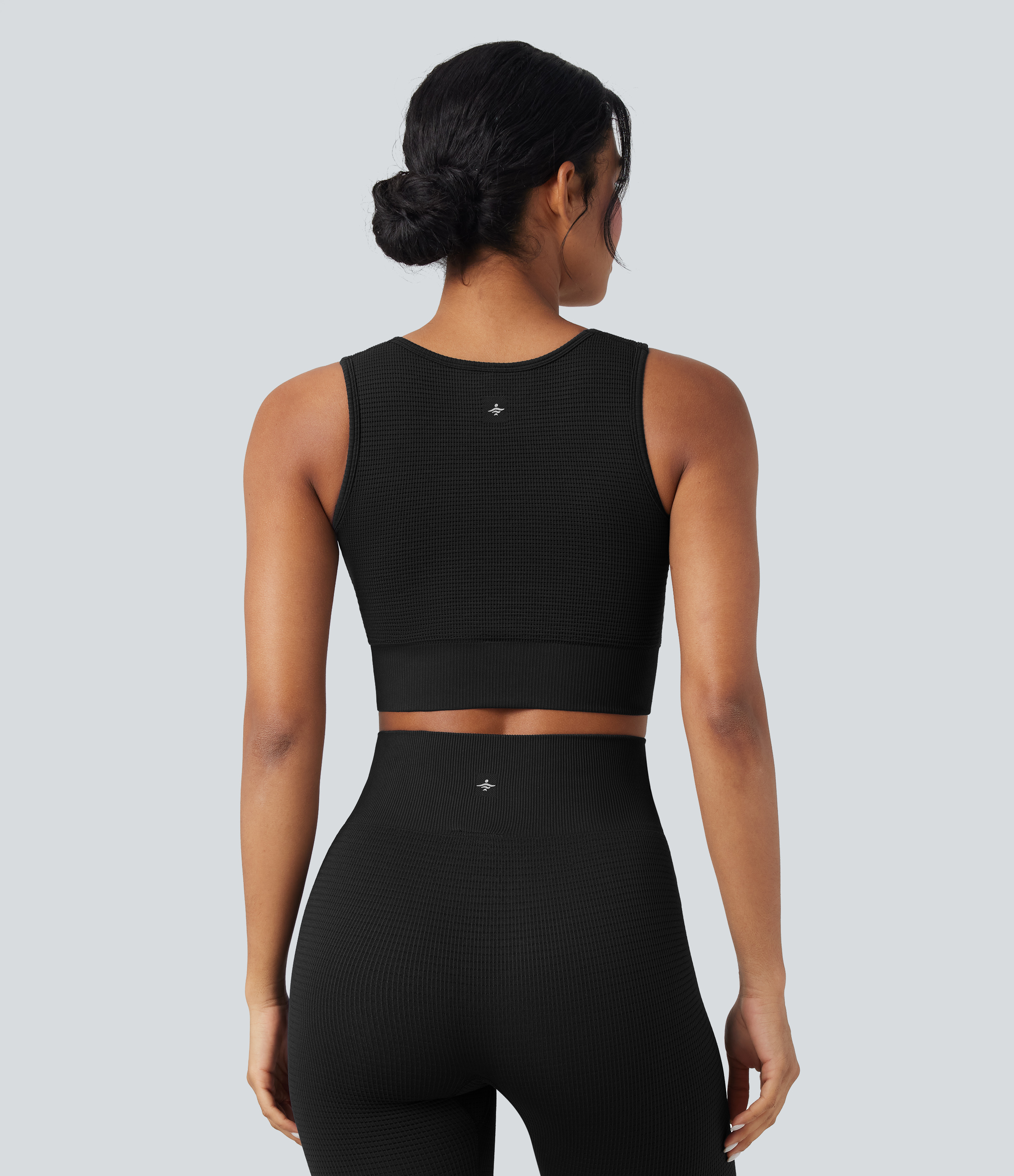 Black OneForm Seamless Flow Low Support U Neck Cropped Waffle Yoga Sports Bra / 2
