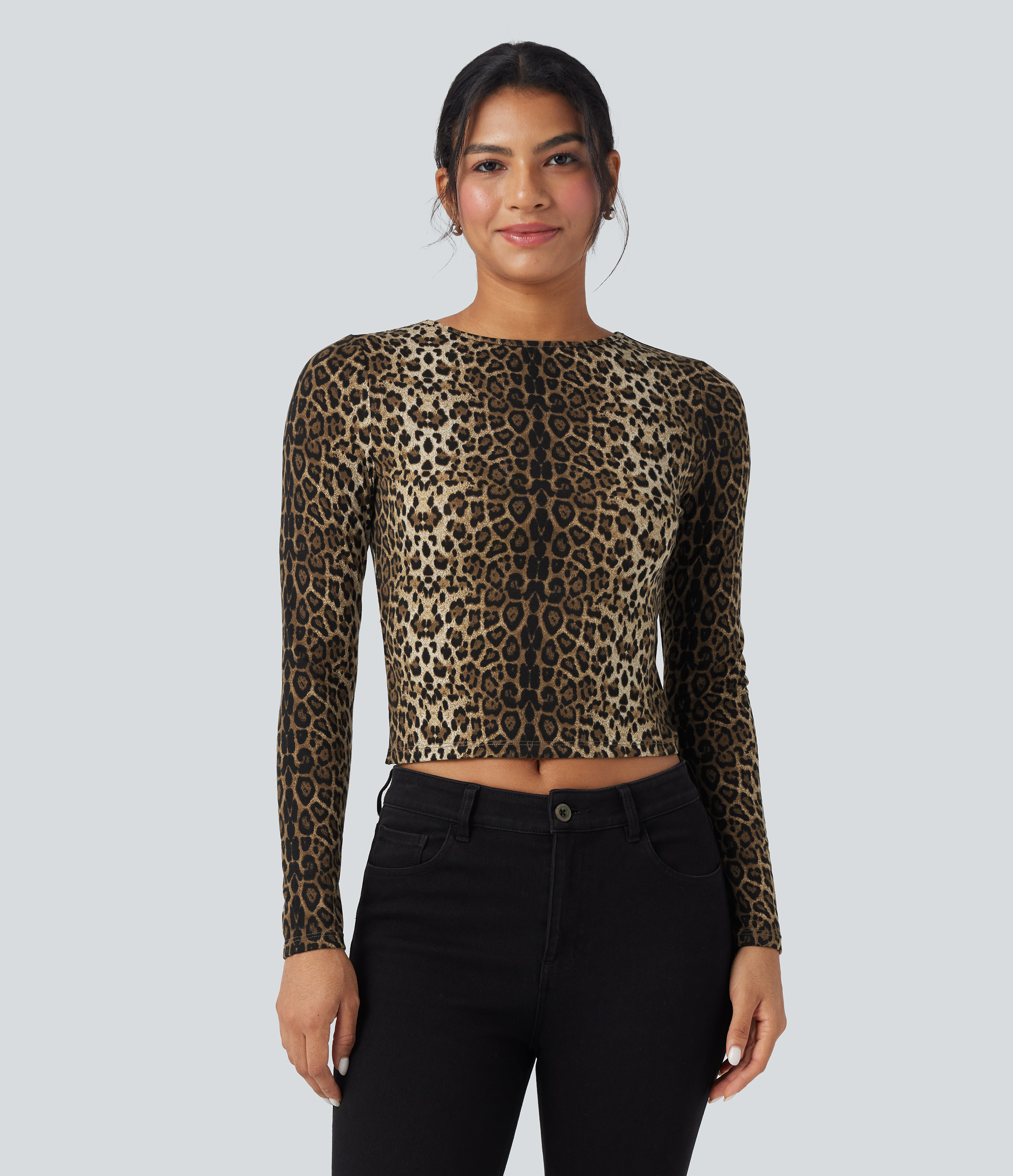 Safari Spot Top casual ajustado de manga larga con estampado de leopardo con cuello redondo y lazo en la espalda / 2