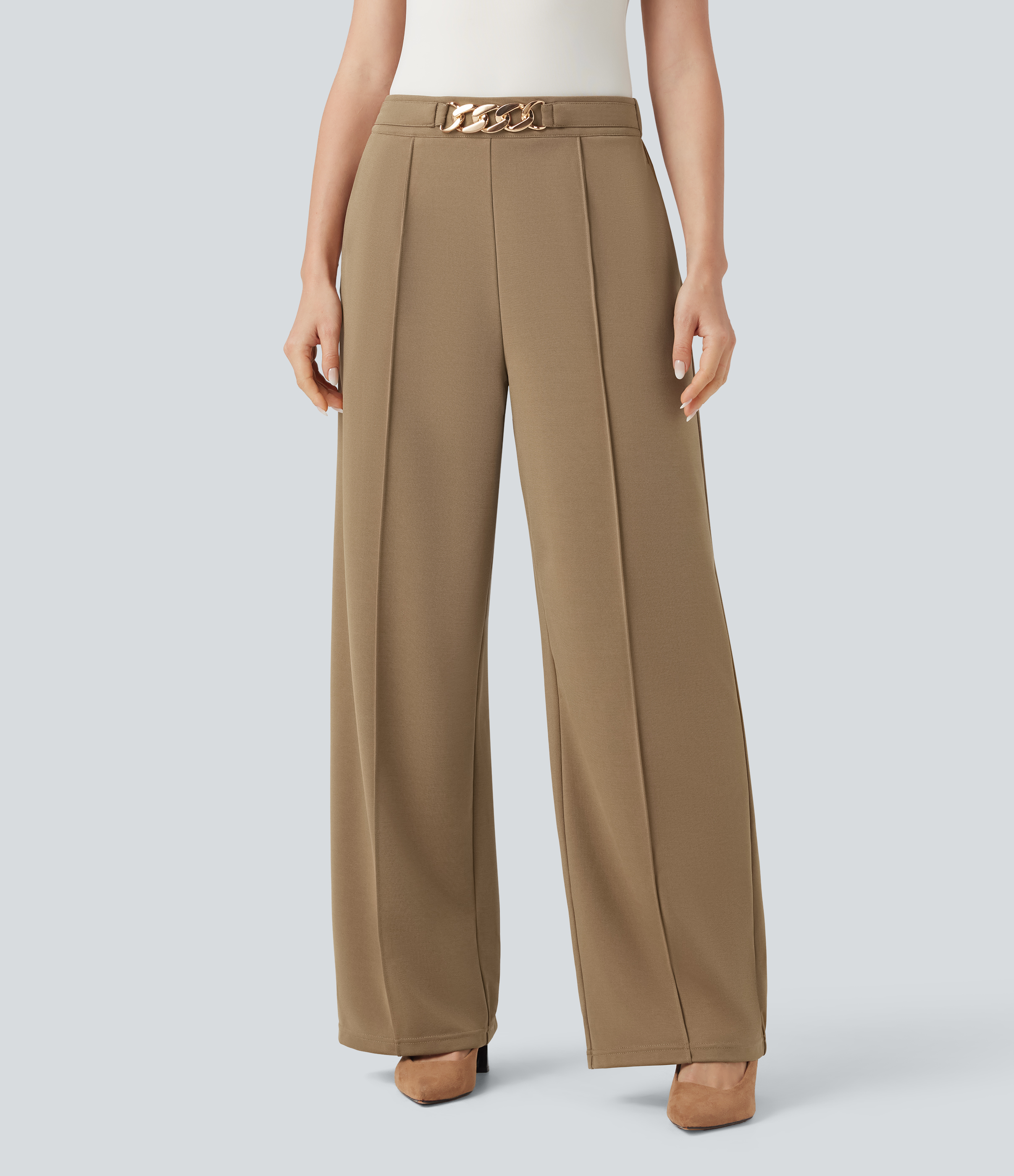 Hohe Taillenhose mit Metallkette, gerade Beine, Arbeitshose mit Taschen
