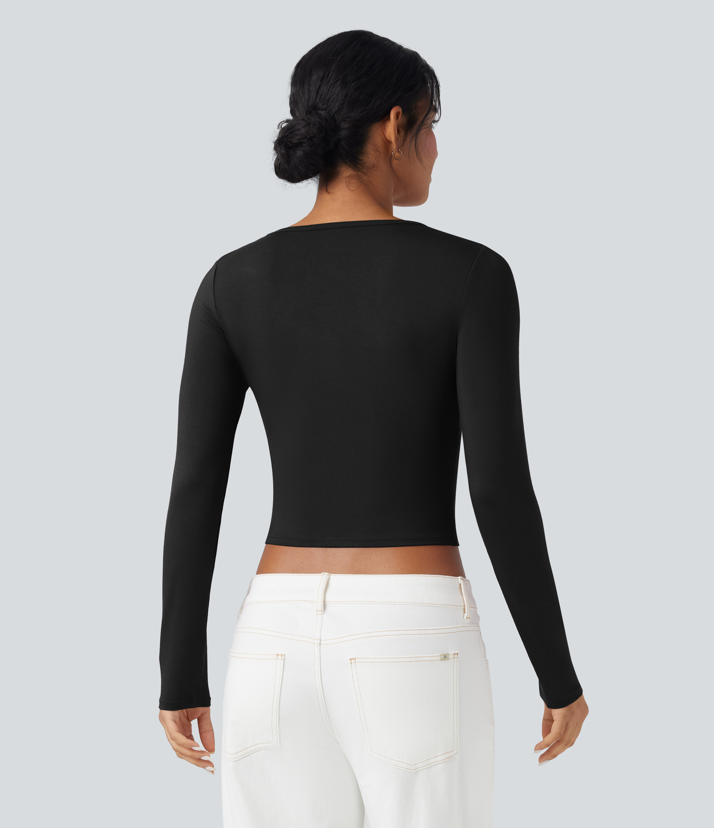 Black Round Neck Long Sleeve Casual T-Shirt / 2