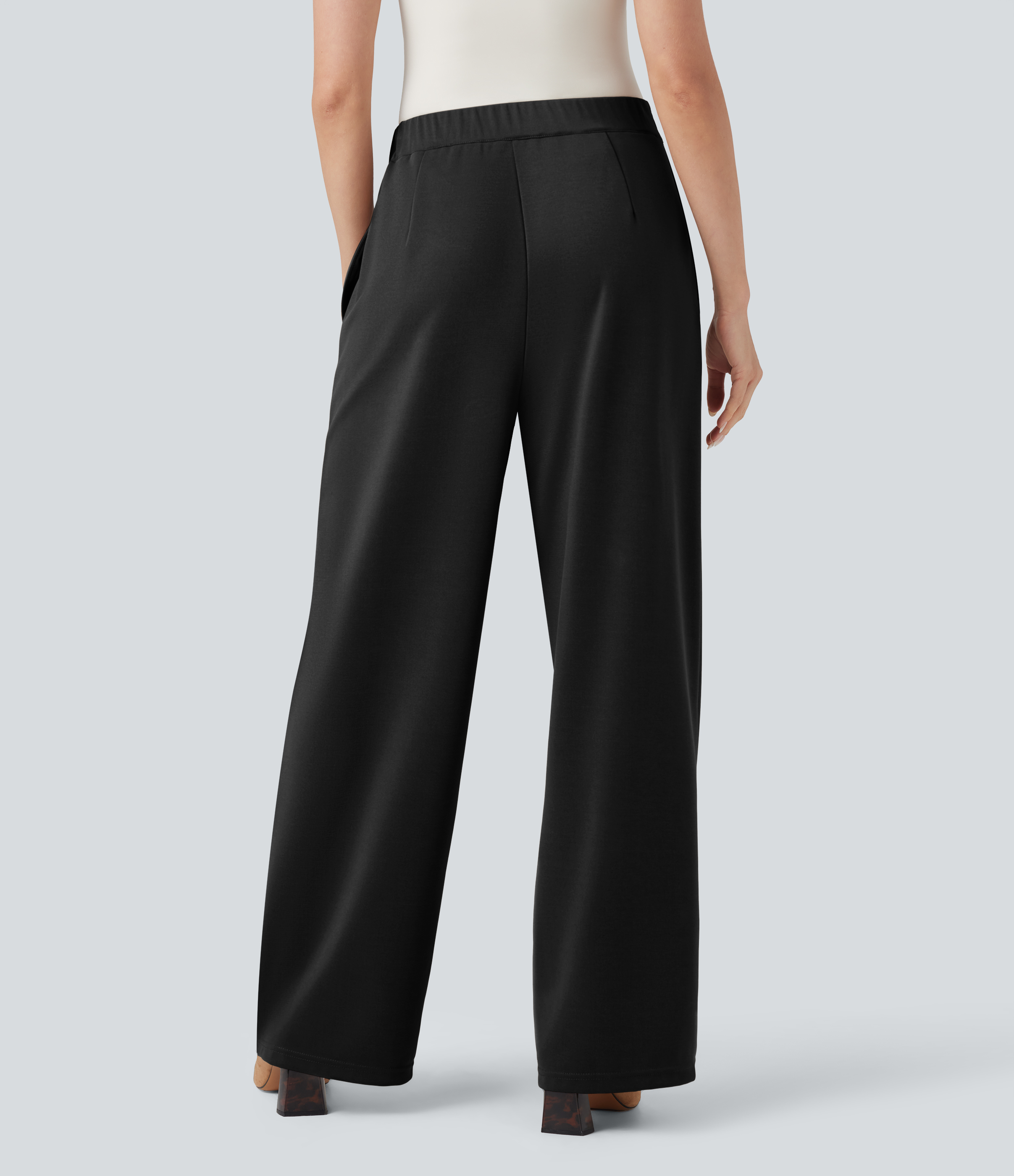 Negro Pantalones de trabajo de talle alto y pernera recta con cadena metálica y bolsillos / 2