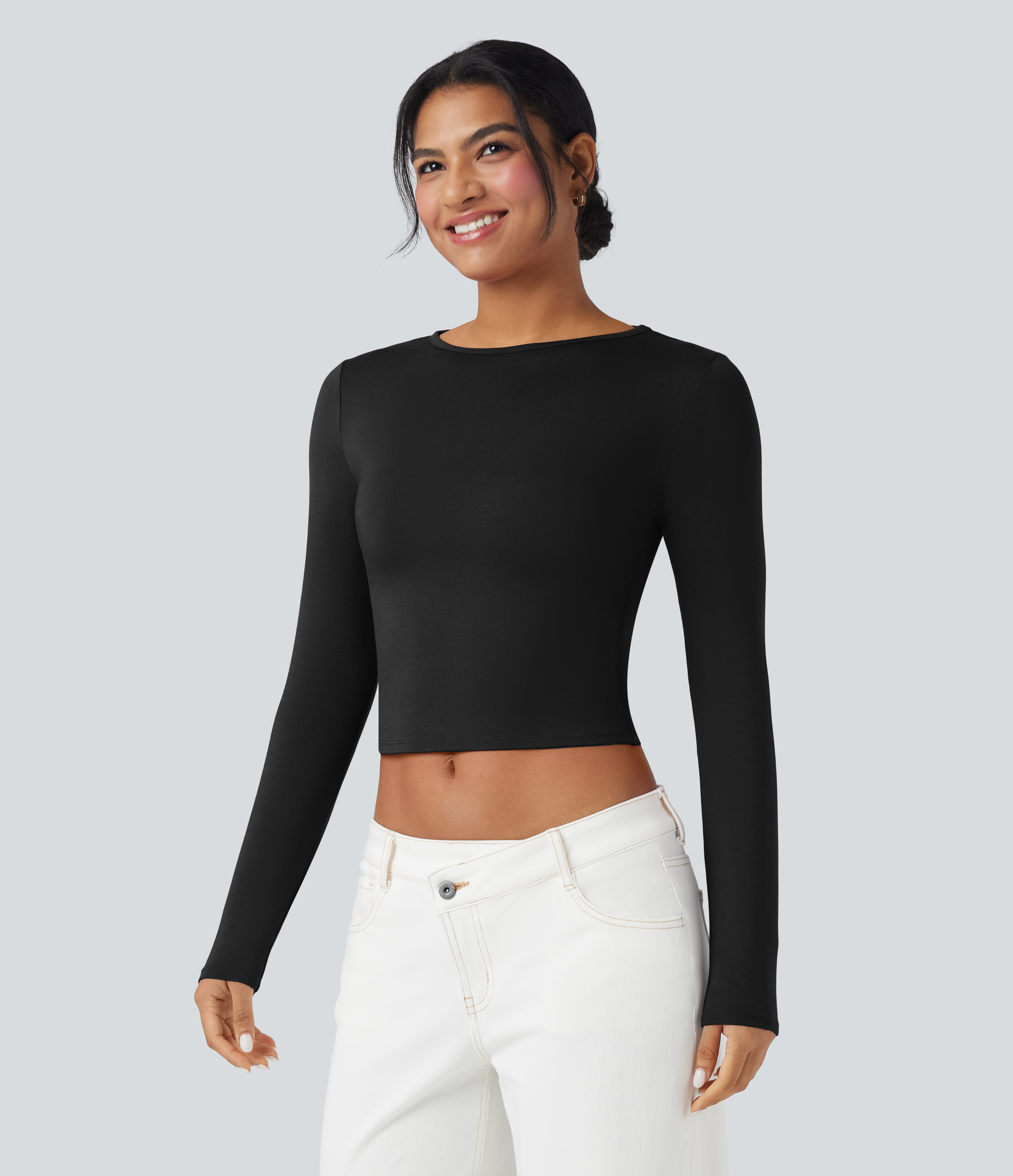 Black Round Neck Long Sleeve Casual T-Shirt / 1