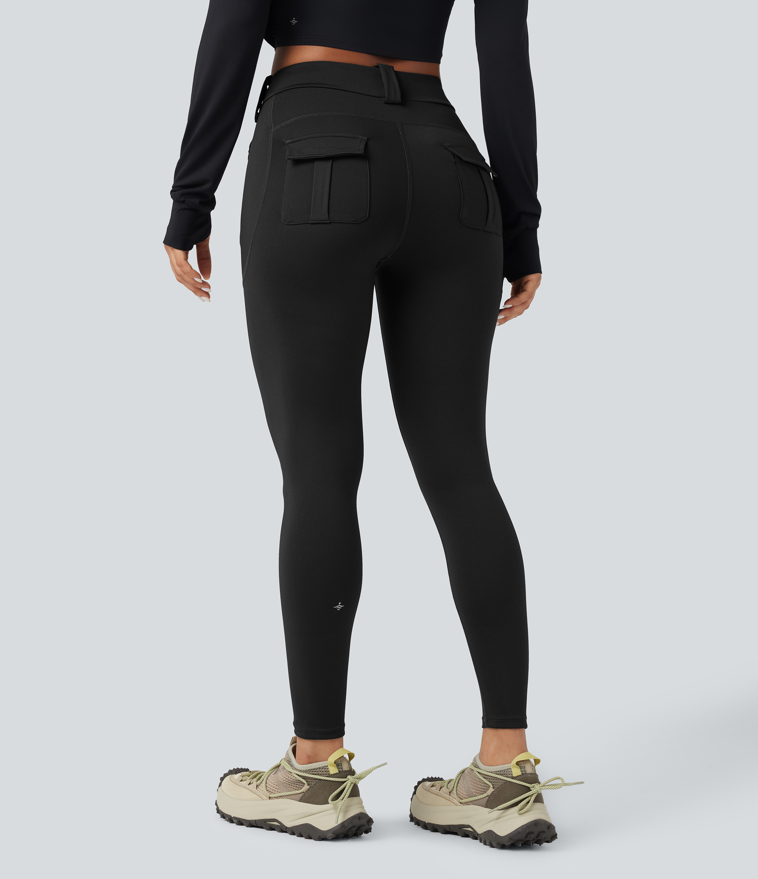 Black Wear-Resistant Mid Rise Cargo Hiking Leggings with Pockets / 2