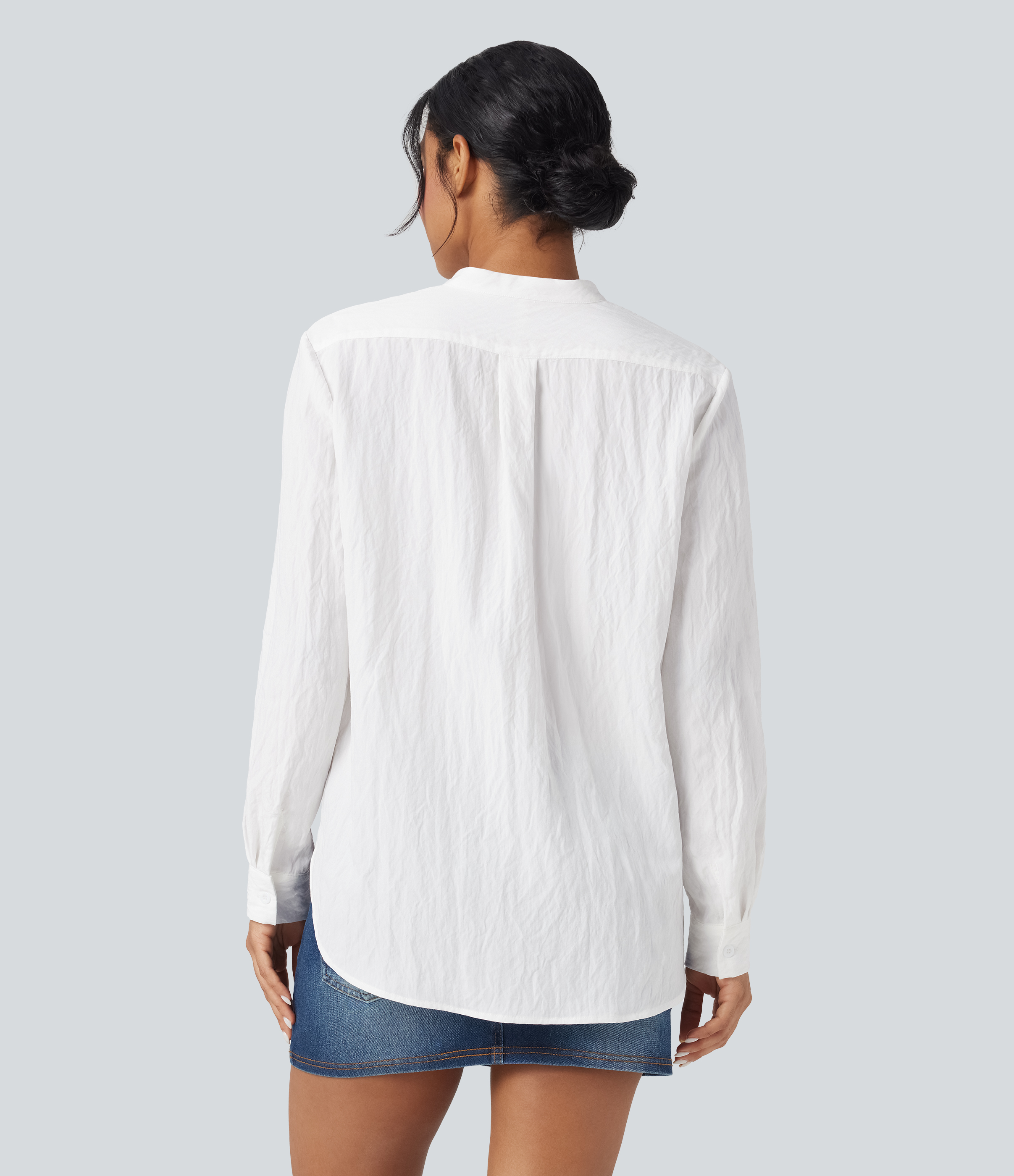 Blanc Chemise décontractée manches longues ourlet arrondi avec poche / 2