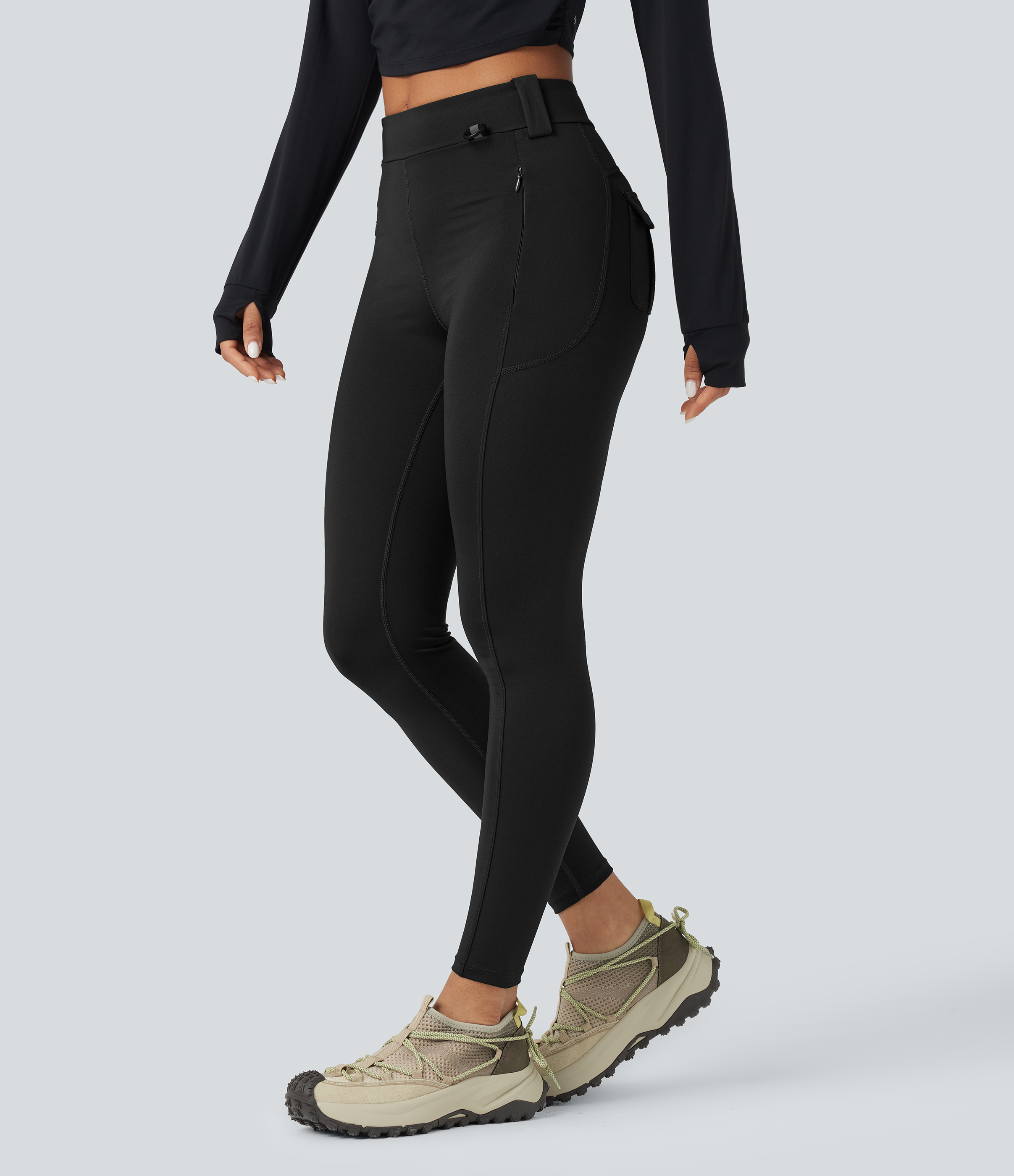 Black Wear-Resistant Mid Rise Cargo Hiking Leggings with Pockets / 1
