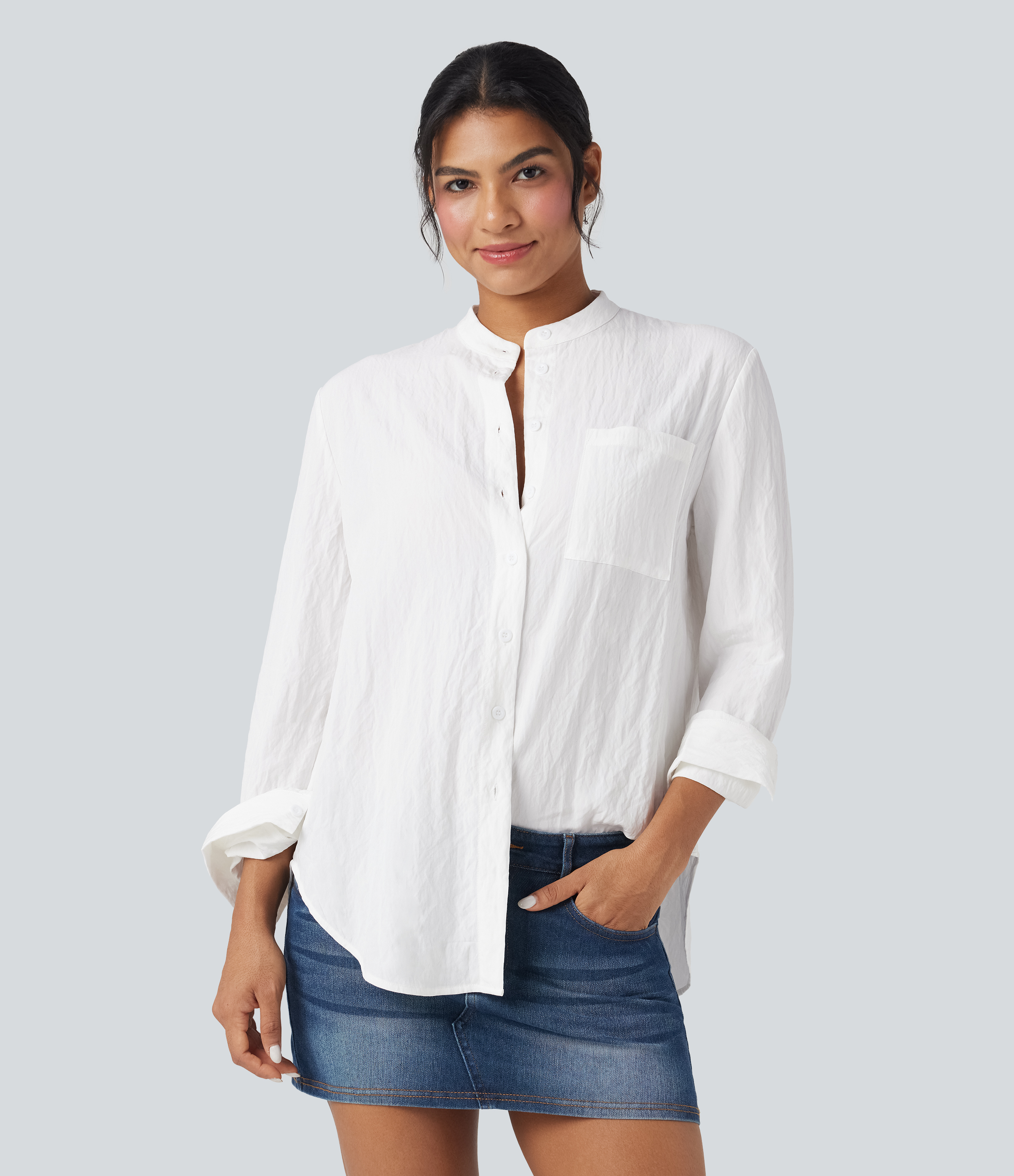 Blanc Chemise décontractée manches longues ourlet arrondi avec poche / 1