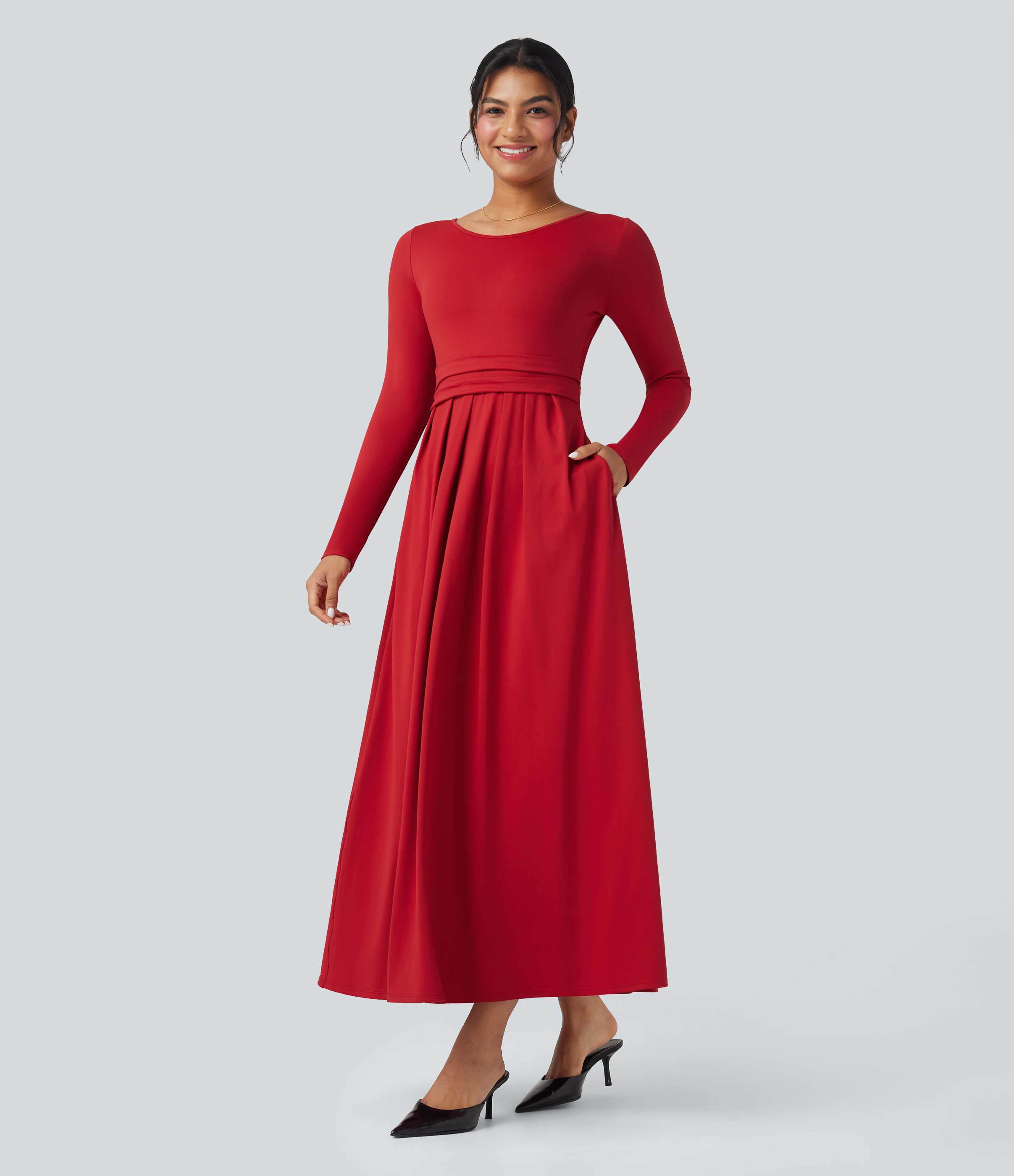 Scoop Neck Long Sleeve Flare Maxi Casual Dress with Pockets