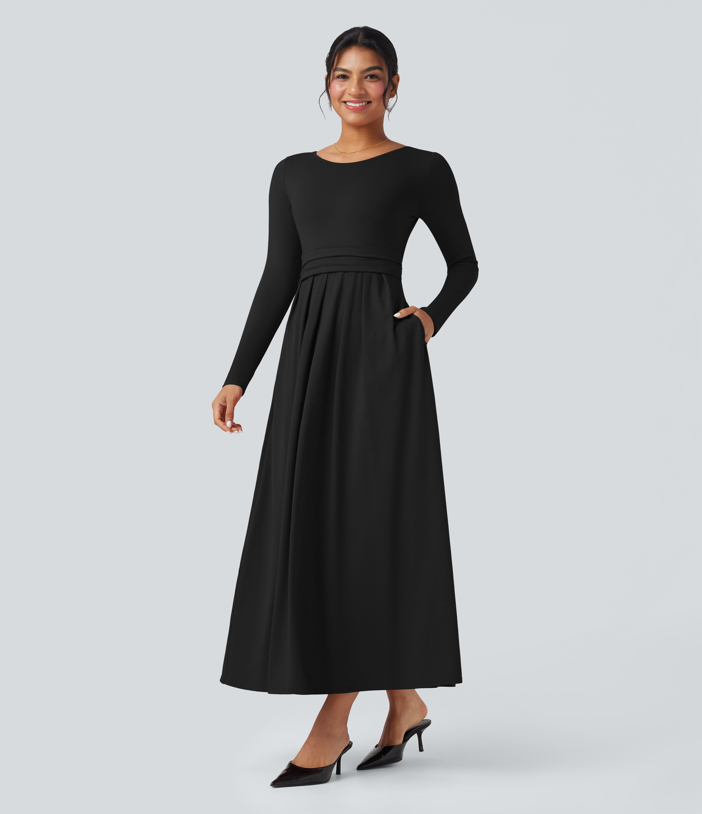 Robe longue décontractée évasée col rond plongeant manches longues avec poches