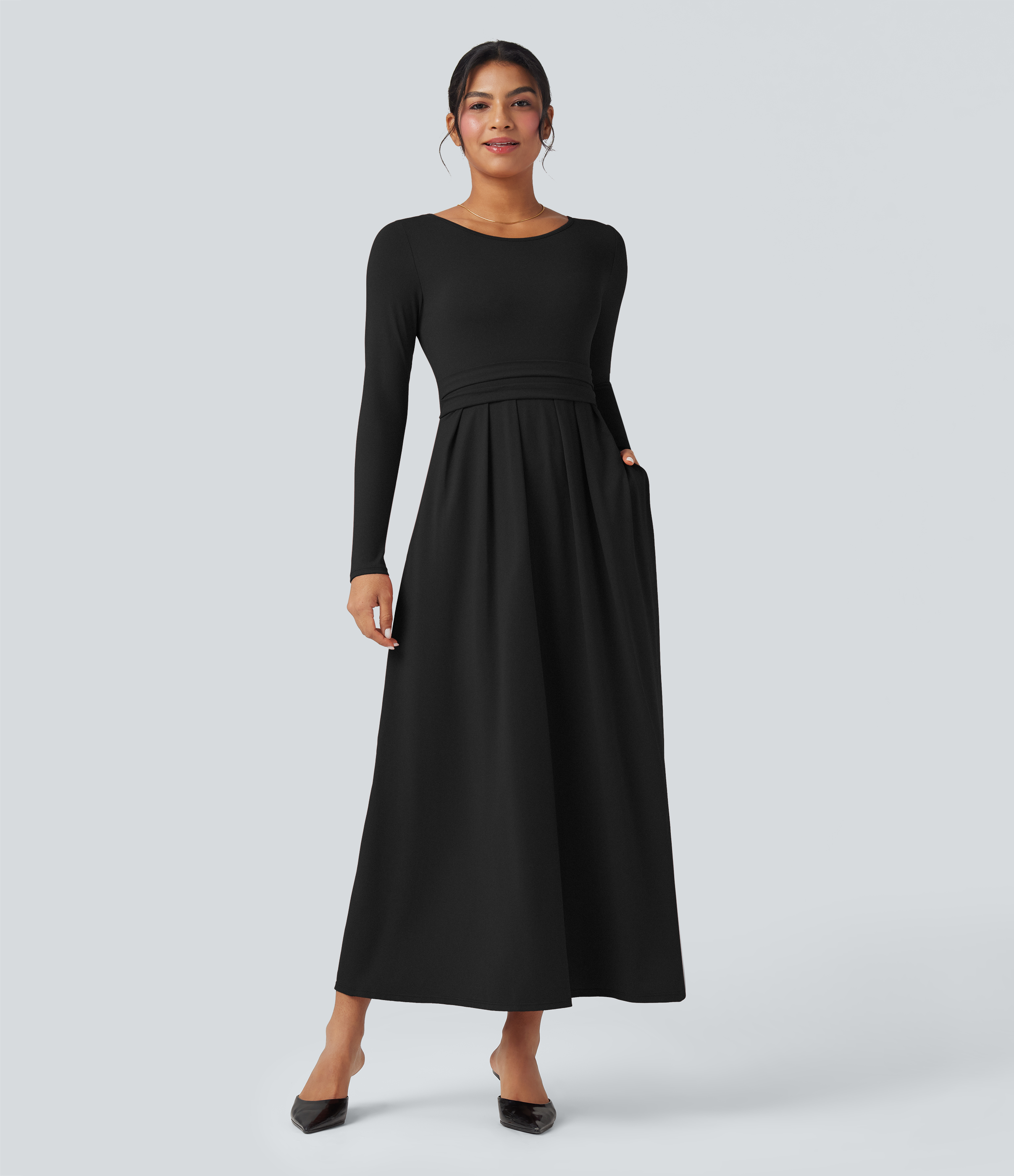 Scoop Neck Long Sleeve Flare Maxi Casual Dress with Pockets