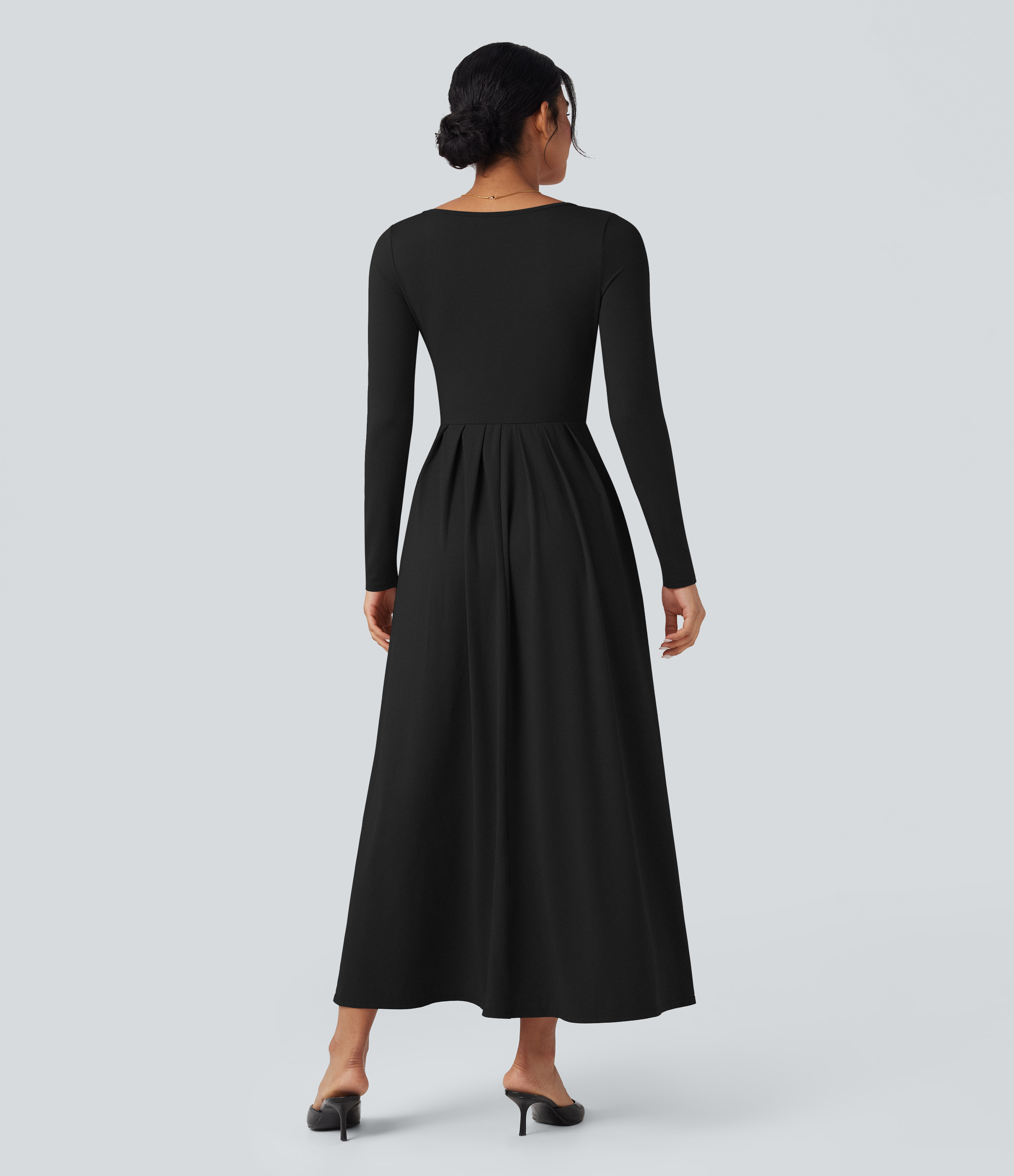 Negro Vestido largo maxi casual de manga larga y cuello redondo con bolsillos / 2