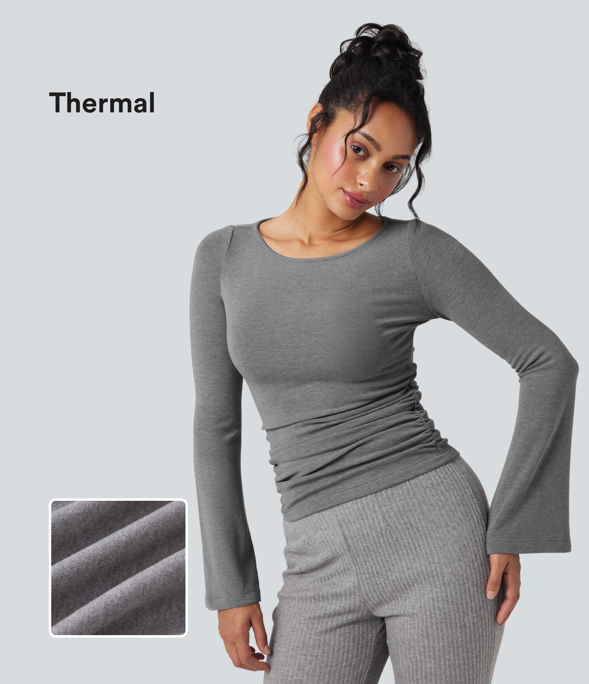 Boat Neck Long Sleeve Ruched Thermal Casual Top