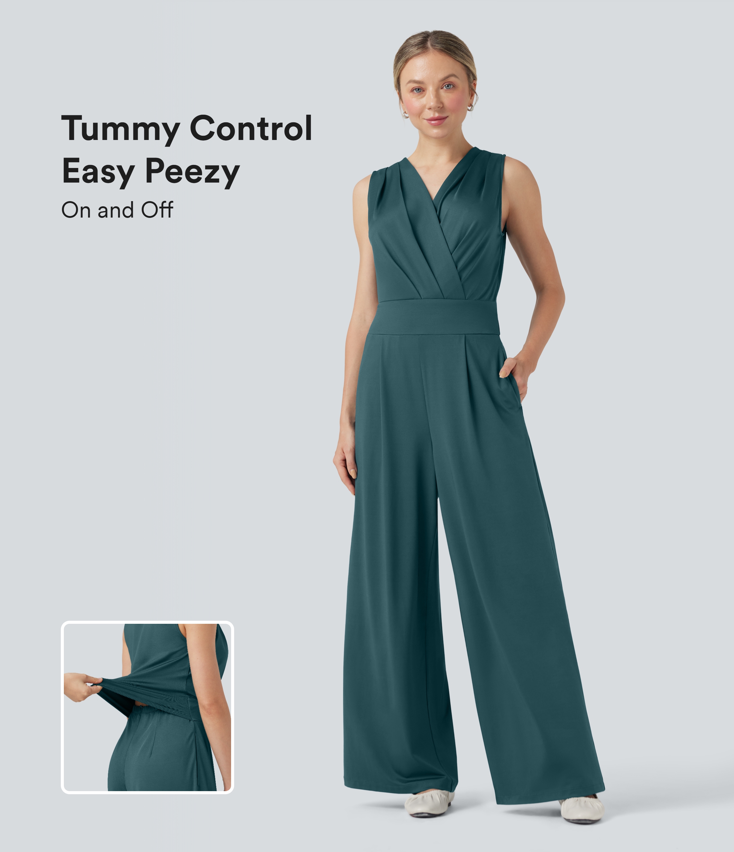 V-neck Sleeveless Pleated Crossover Tummy Control Casual Work Jumpsuit with Pockets-Easy Peezy