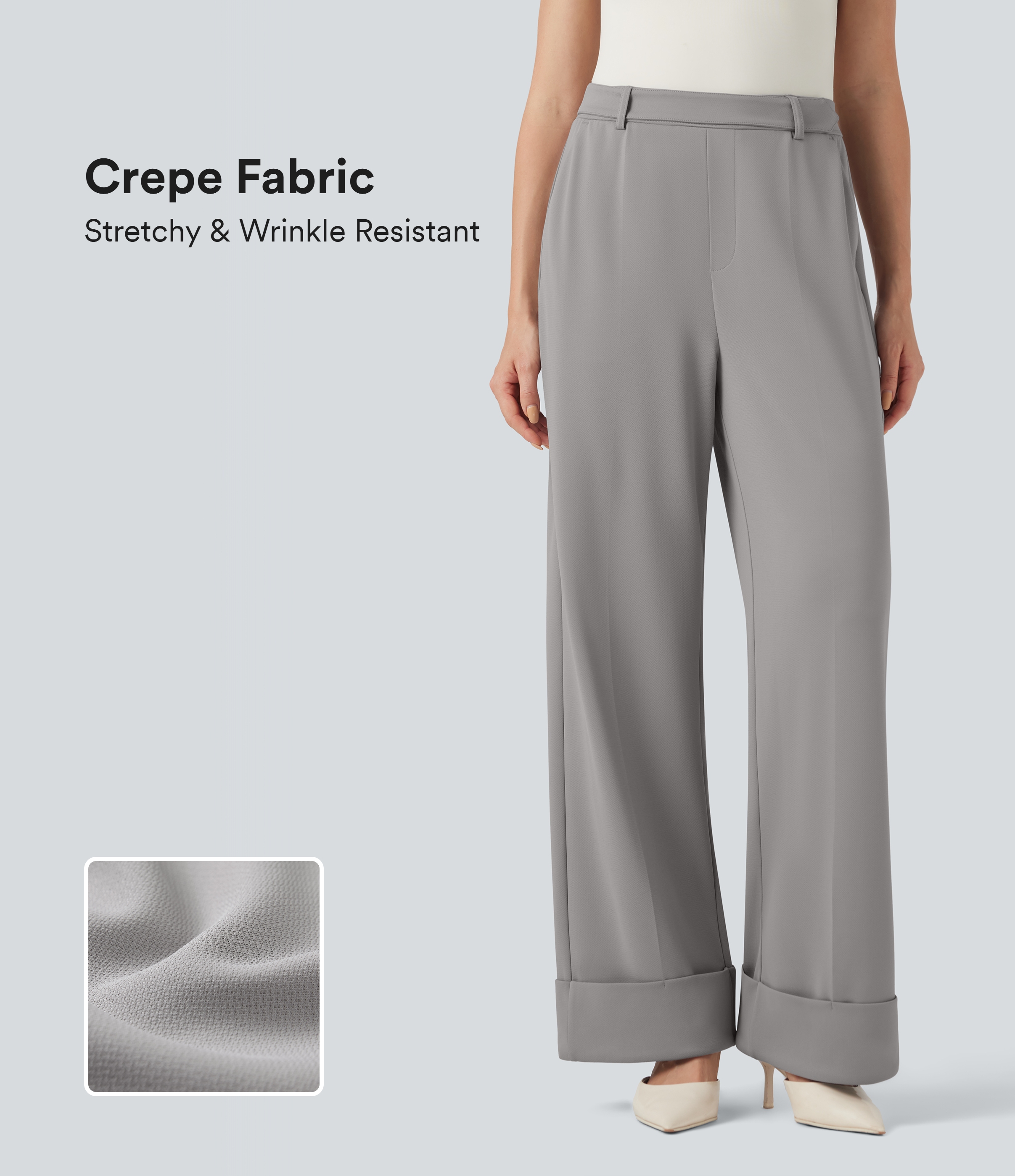 Pantalones holgados de oficina Halara Flex™ de crepé con tiro alto y dobladillo enrollado con bolsillos