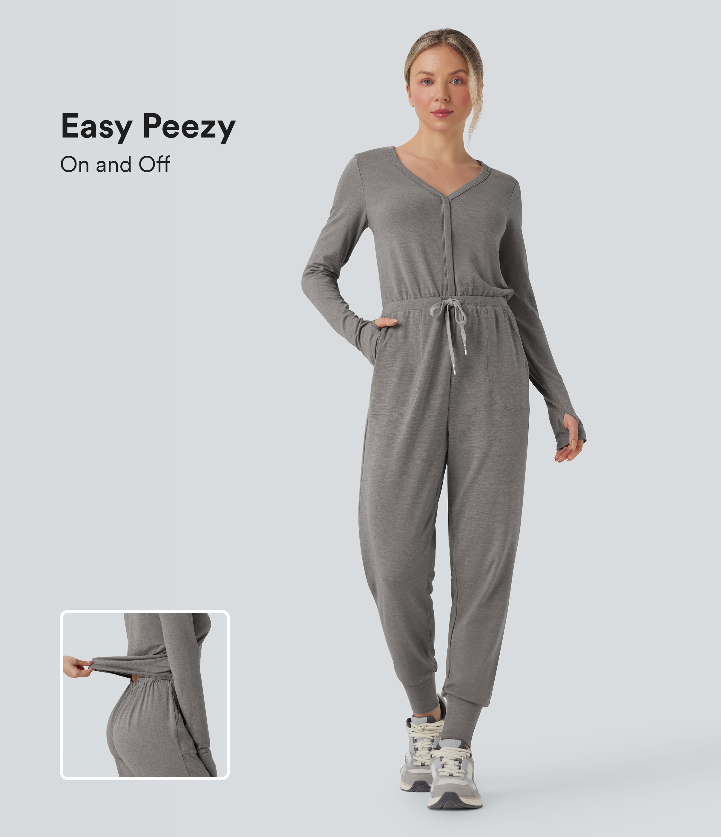 V Neck Long Sleeve Thumb Hole Drawstring Workout Jumpsuit with Pockets-Easy Peezy Edition