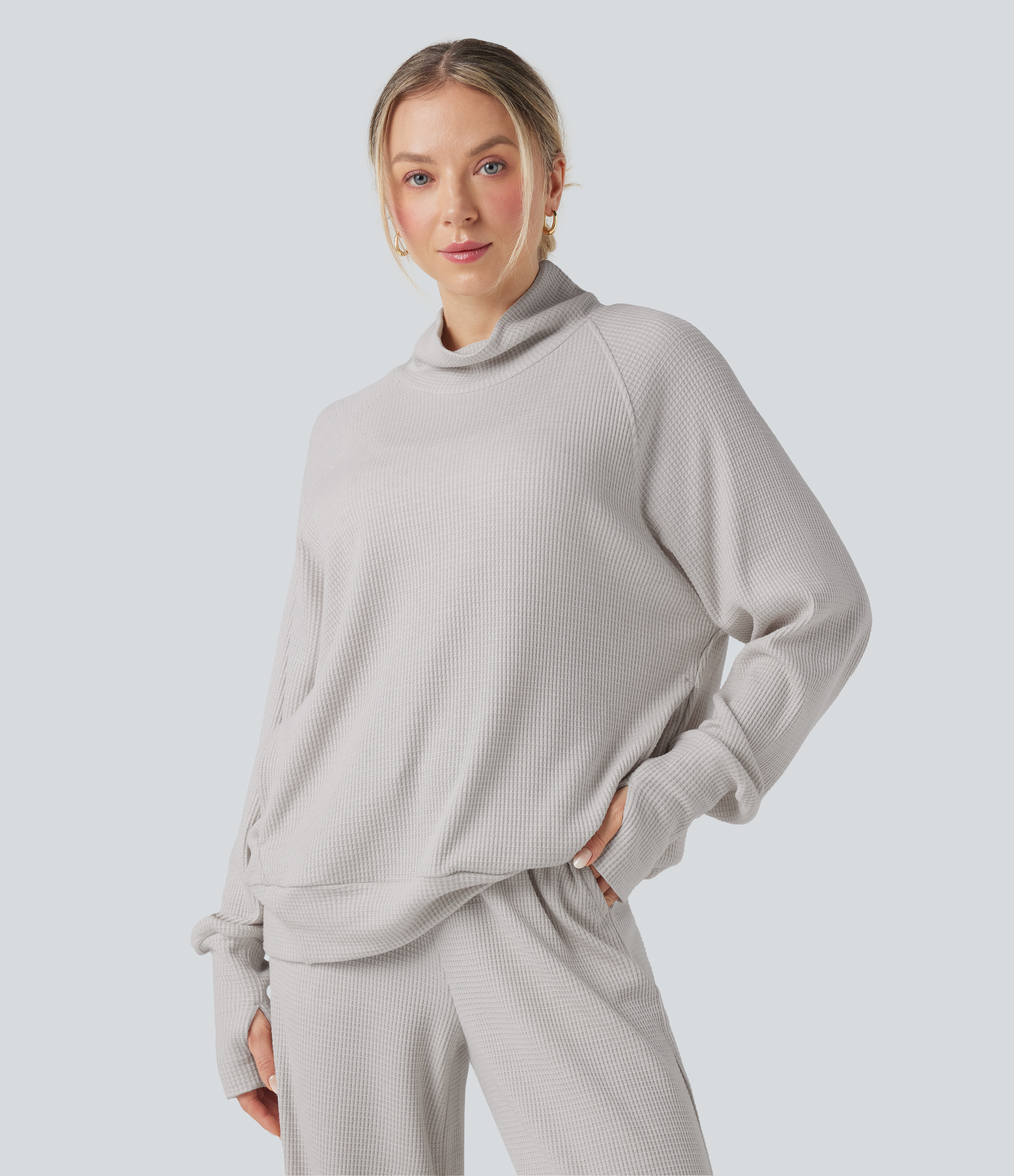 High-neck Long Sleeve Thumb Holes Oversized Waffle Casual Sweatshirt with Pockets
