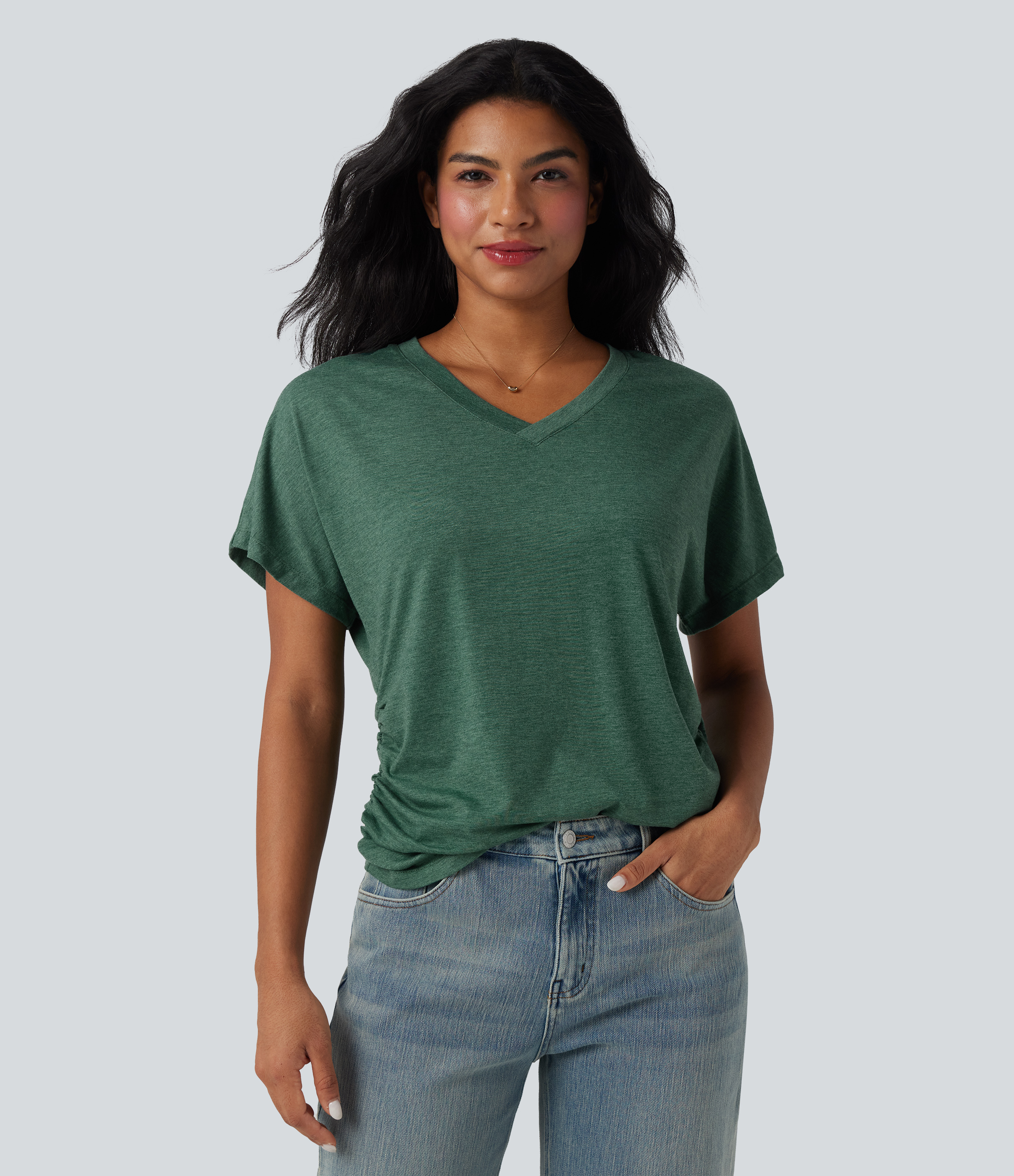 V-neck Short Sleeve Ruched Relaxed Casual Top