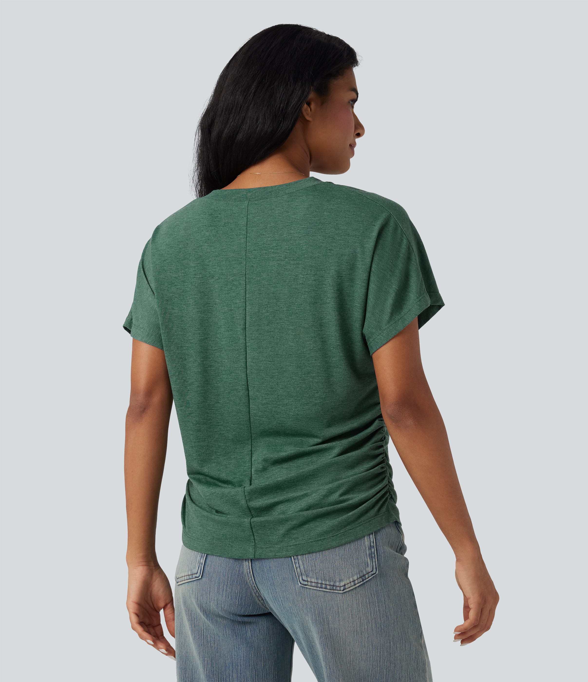 Emerald Floral Yarn Top casual holgado de manga corta con cuello en V y fruncido / 2