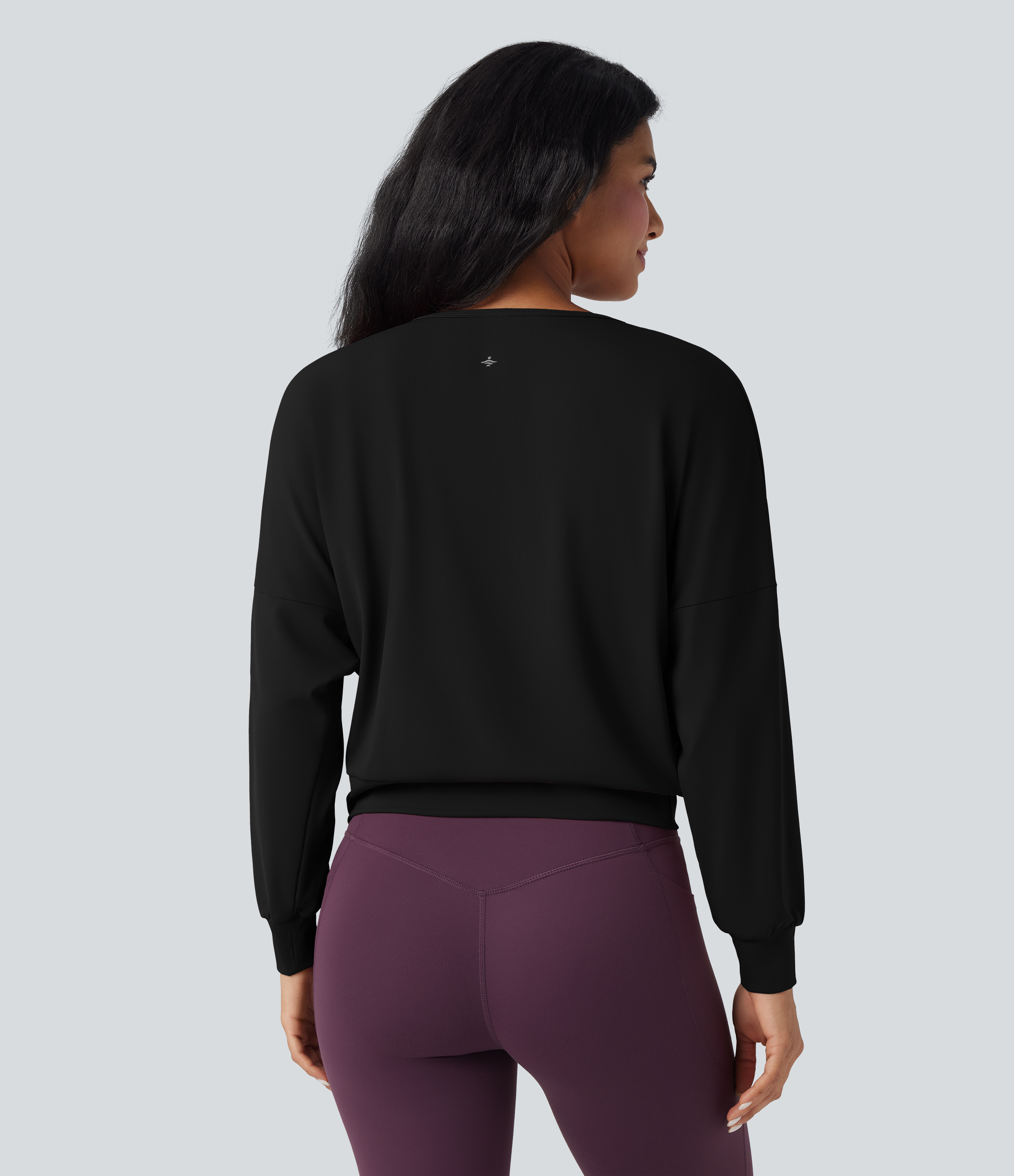 Black SoftlyZero™ Airy Round Neck Long Sleeve Crossover Hem Yoga Sports Top / 2