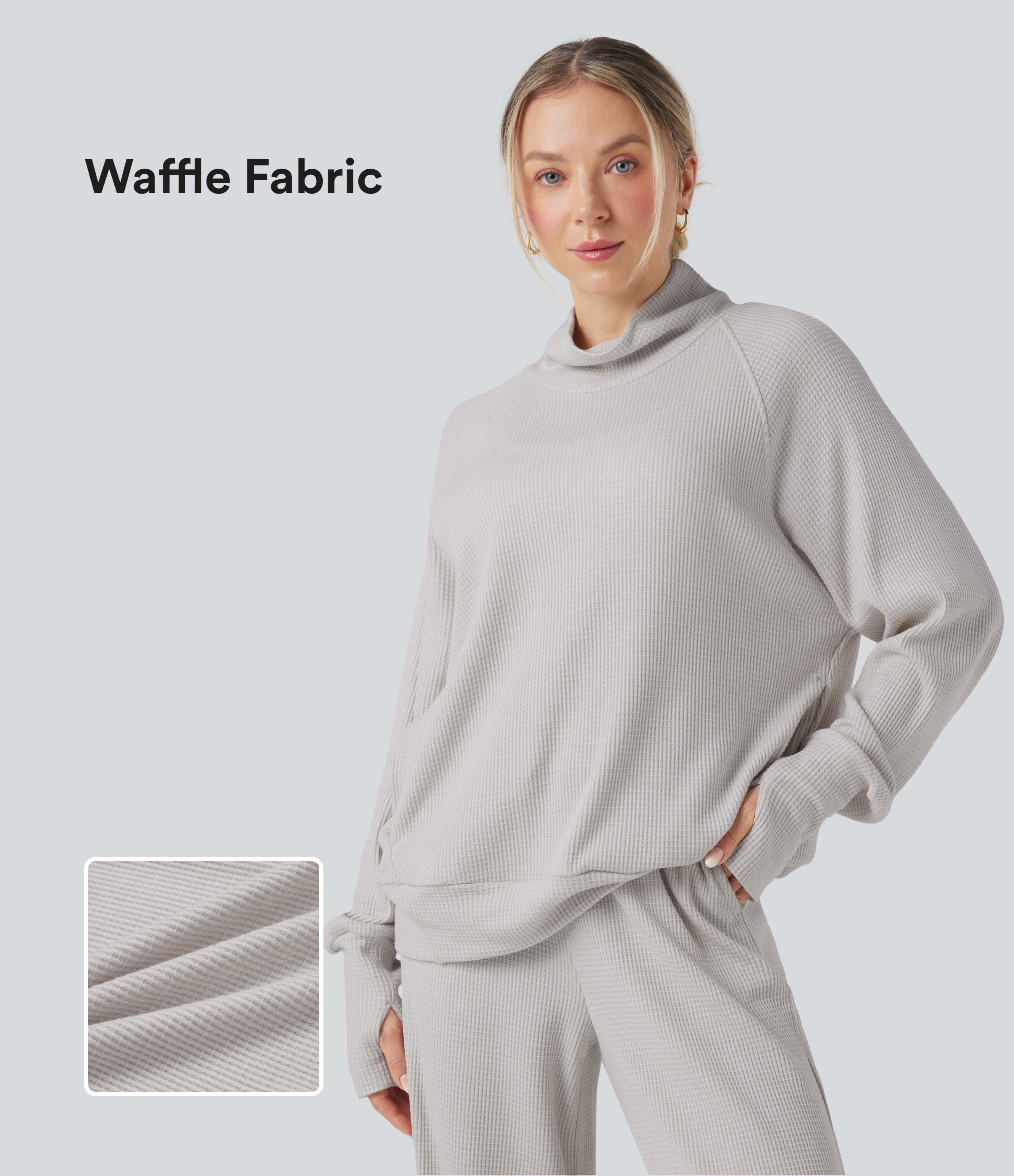 Sweat décontracté oversize col montant manches longues maille gaufrée à trous pouces avec poches