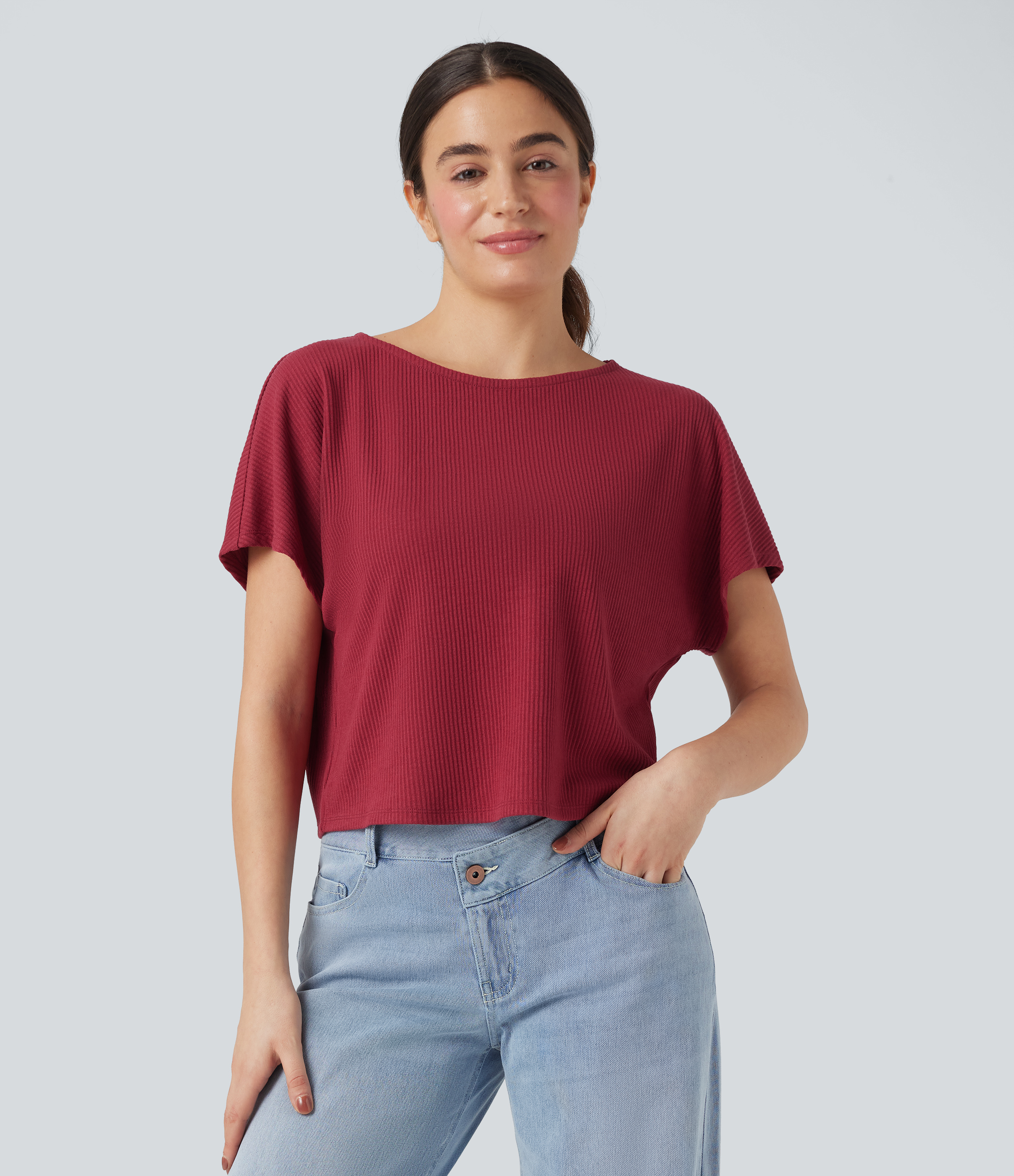 Ribbed Knit Batwing Sleeve Relaxed Casual T-Shirt