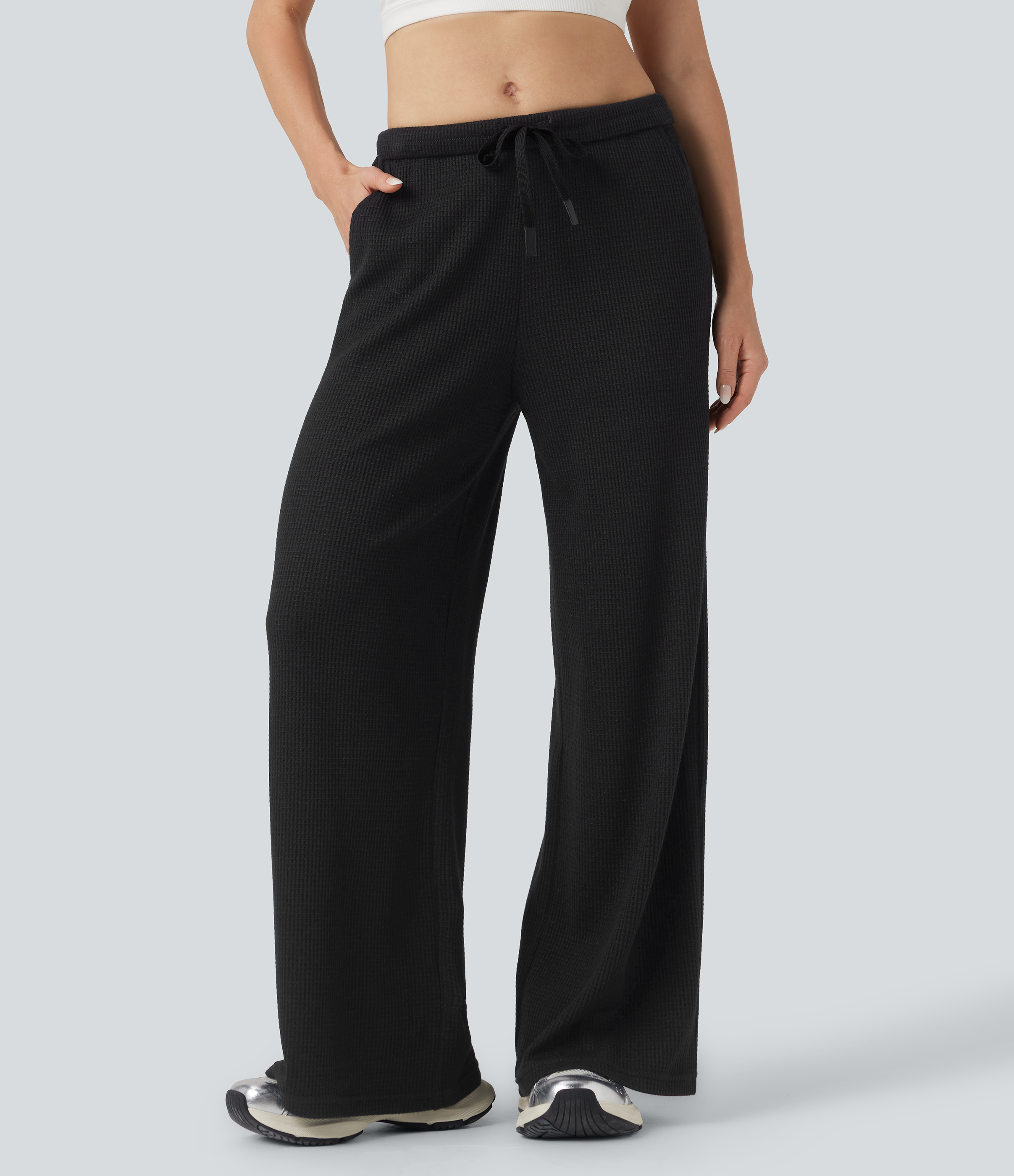 Negro Pantalones holgados casuales de tiro medio con cordón y bolsillos / 1