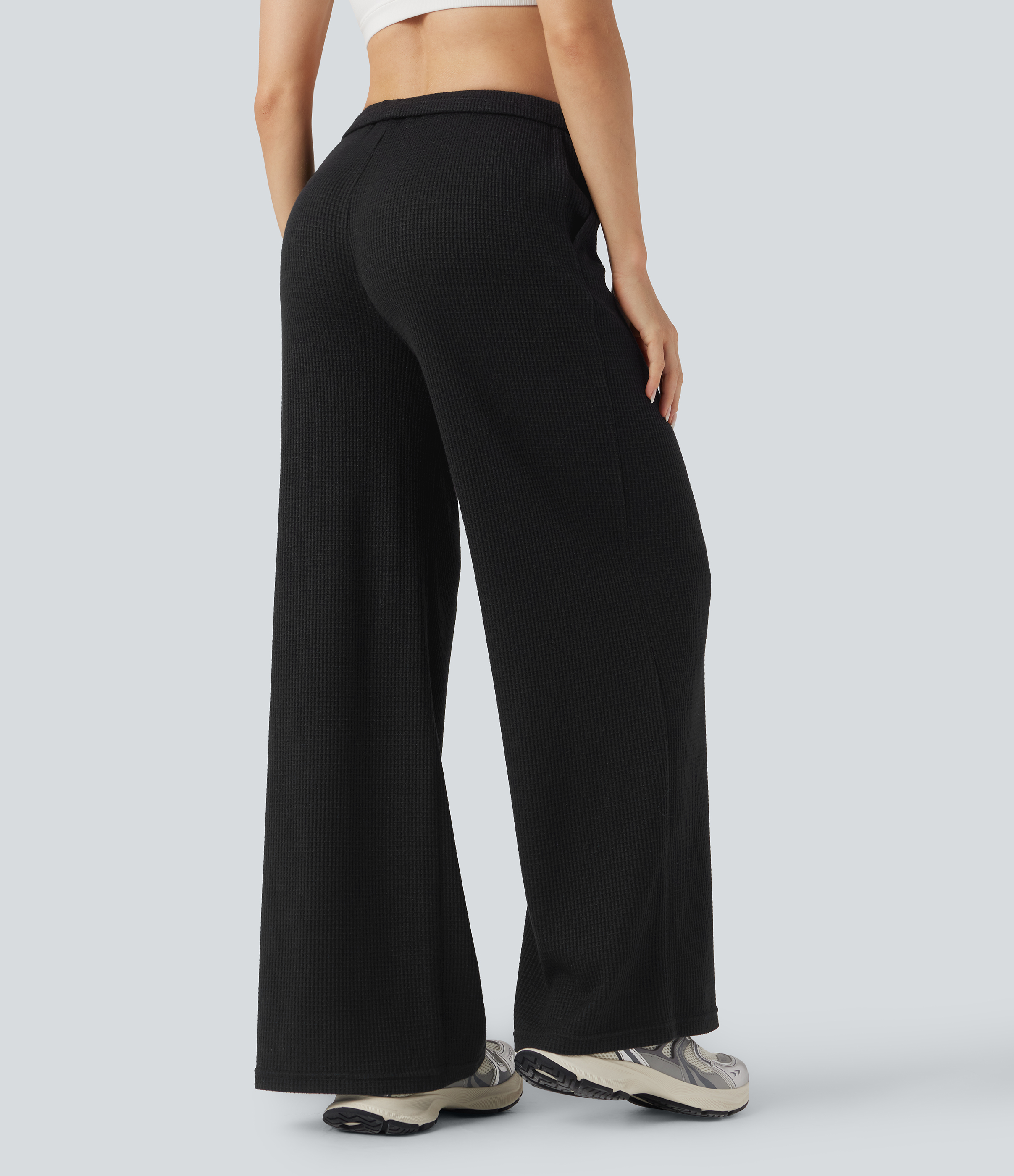 Negro Pantalones holgados casuales de tiro medio con cordón y bolsillos / 2