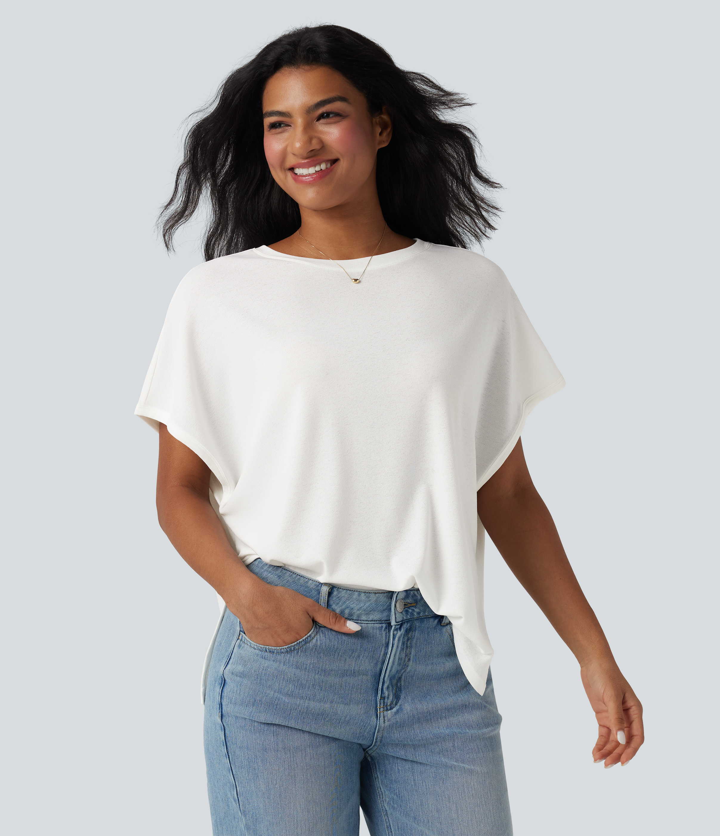 Round Neck Batwing Sleeve Relaxed Casual T-Shirt