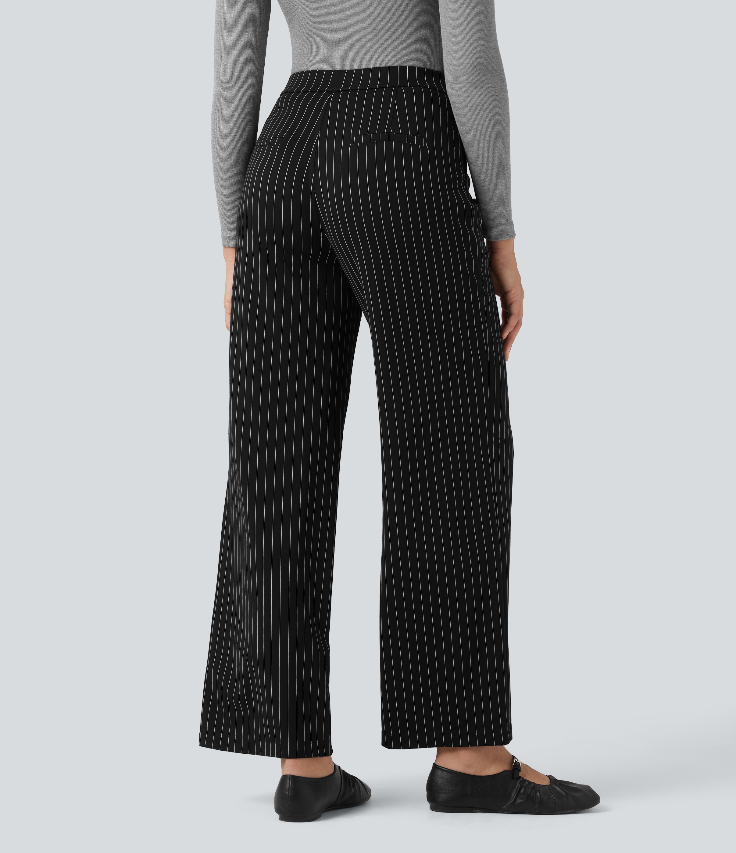 Black White Pinstripe Pantalones de oficina rectos de tiro alto con rayas y tacto fresco con bolsillos / 1
