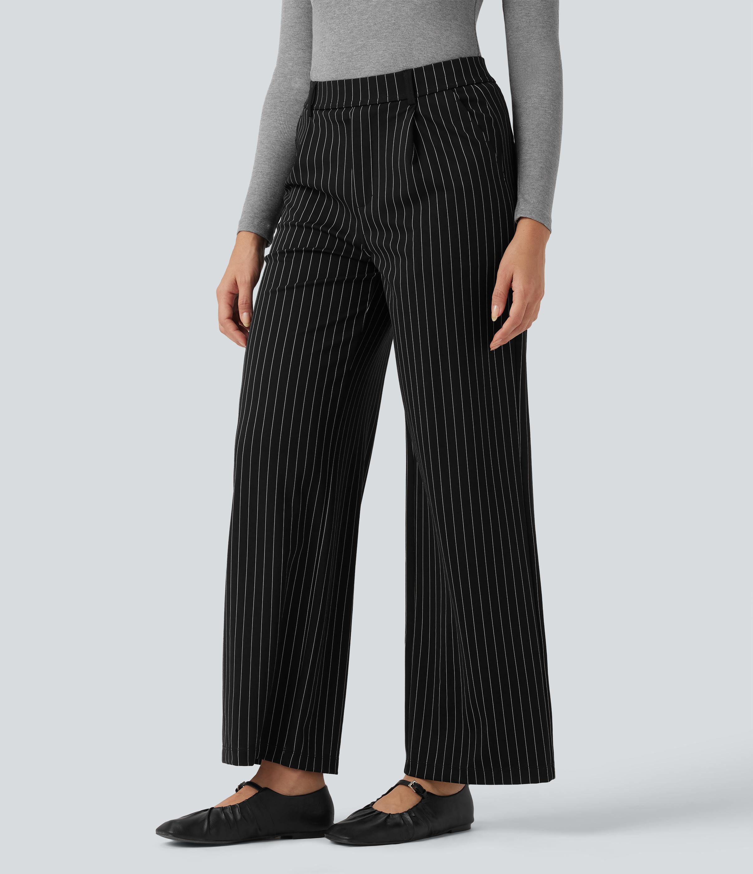 Black White Pinstripe Pantalones de oficina rectos de tiro alto con rayas y tacto fresco con bolsillos / 2