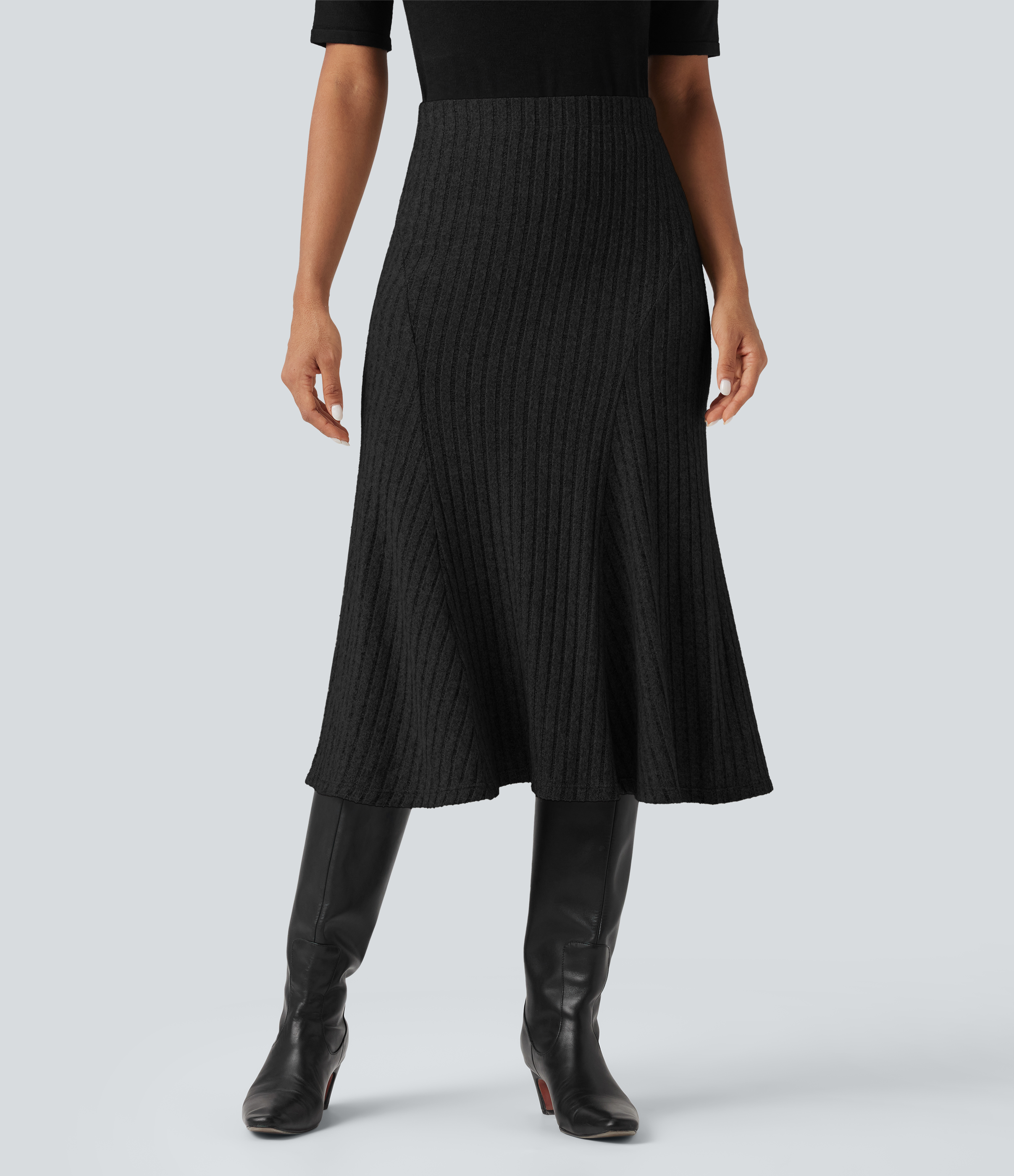 Ribbed Knit High-waisted Midi Casual A-line Skirt