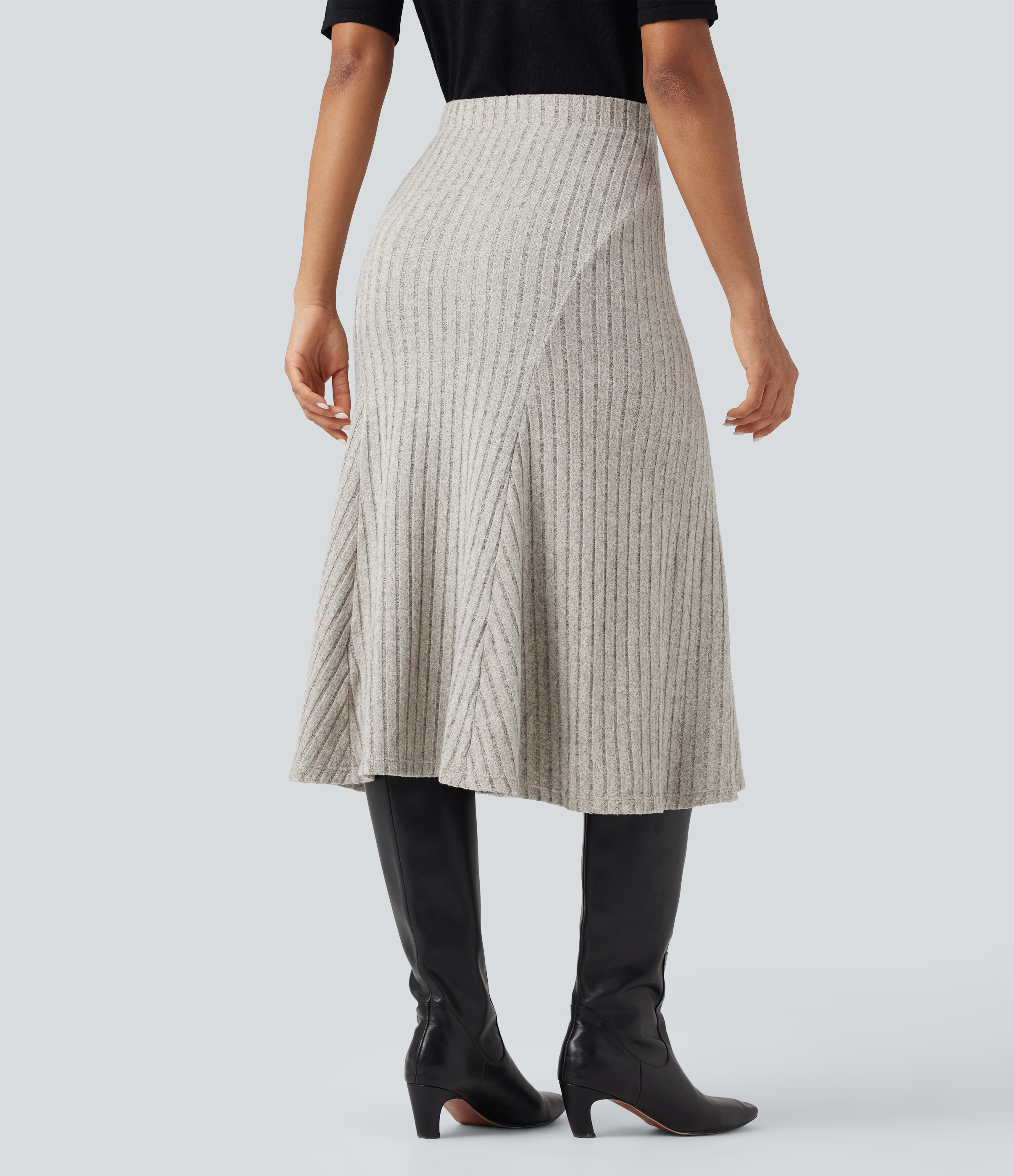 Warm Grey Floral Velvet Falda midi casual de tiro alto con corte A y punto acanalado / 2