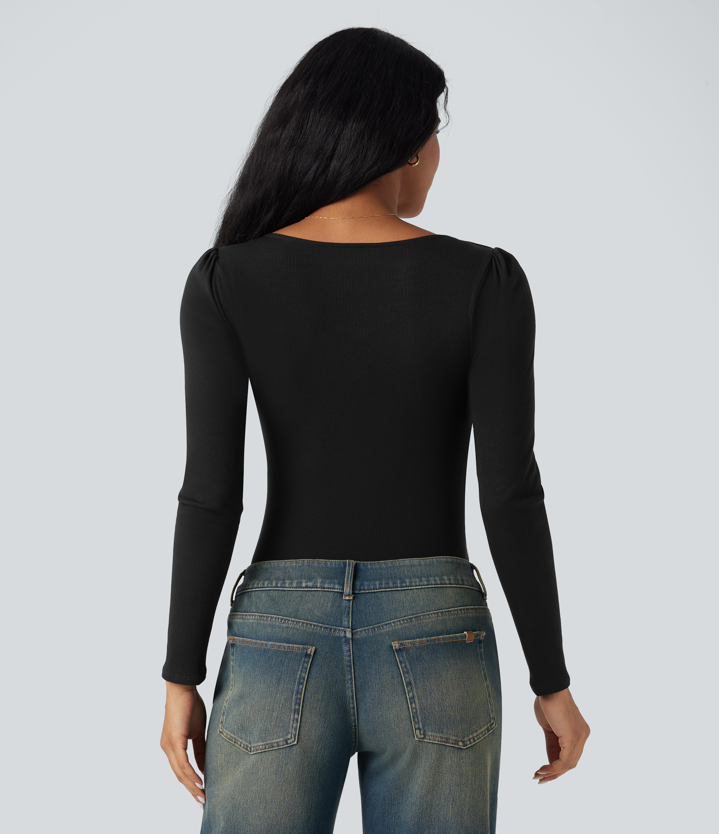 Negro Body casual ajustado acanalado de manga larga con cuello cuadrado / 2