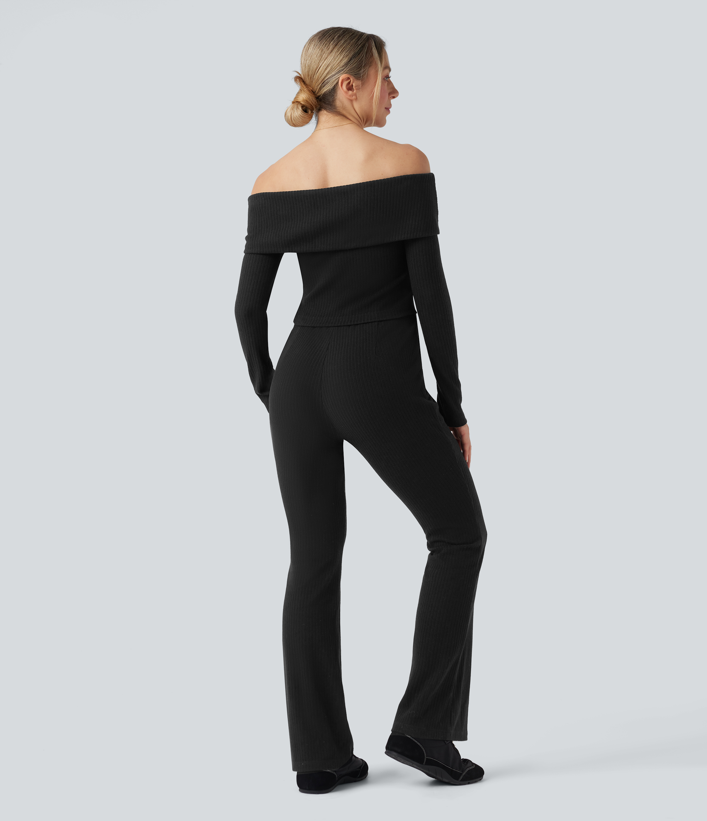 Noir Combinaison décontractée évasée maille côtelée épaules dénudées ceinture rabattable manches longues avec poches - Édition Easy Peasy / 2