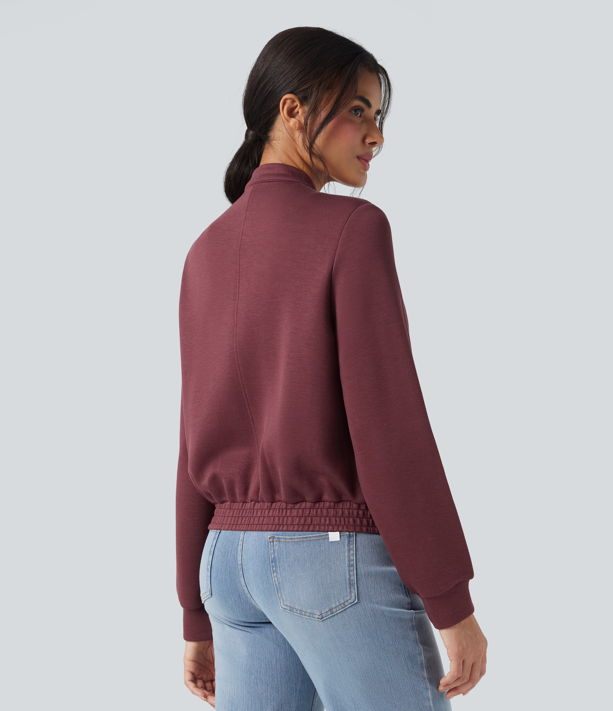 Oxblood Red Chamarra bomber casual de manga larga con cuello redondo y bolsillos / 2