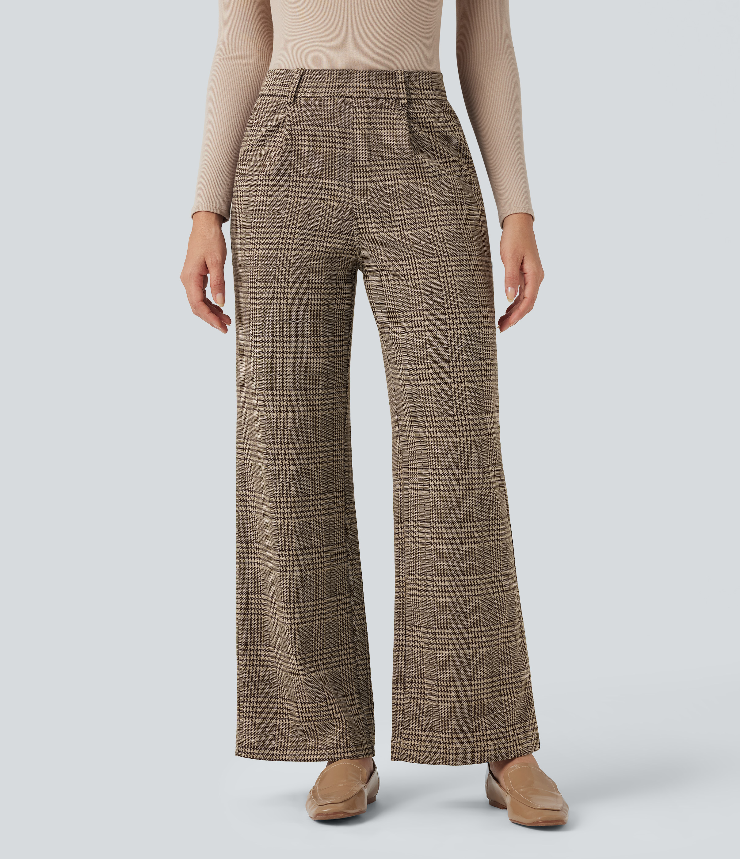 Brown Houndstooth Plaid Pantalones de oficina rectos Halara Flex™ de tiro alto con de pata de gallo y bolsillos / 2