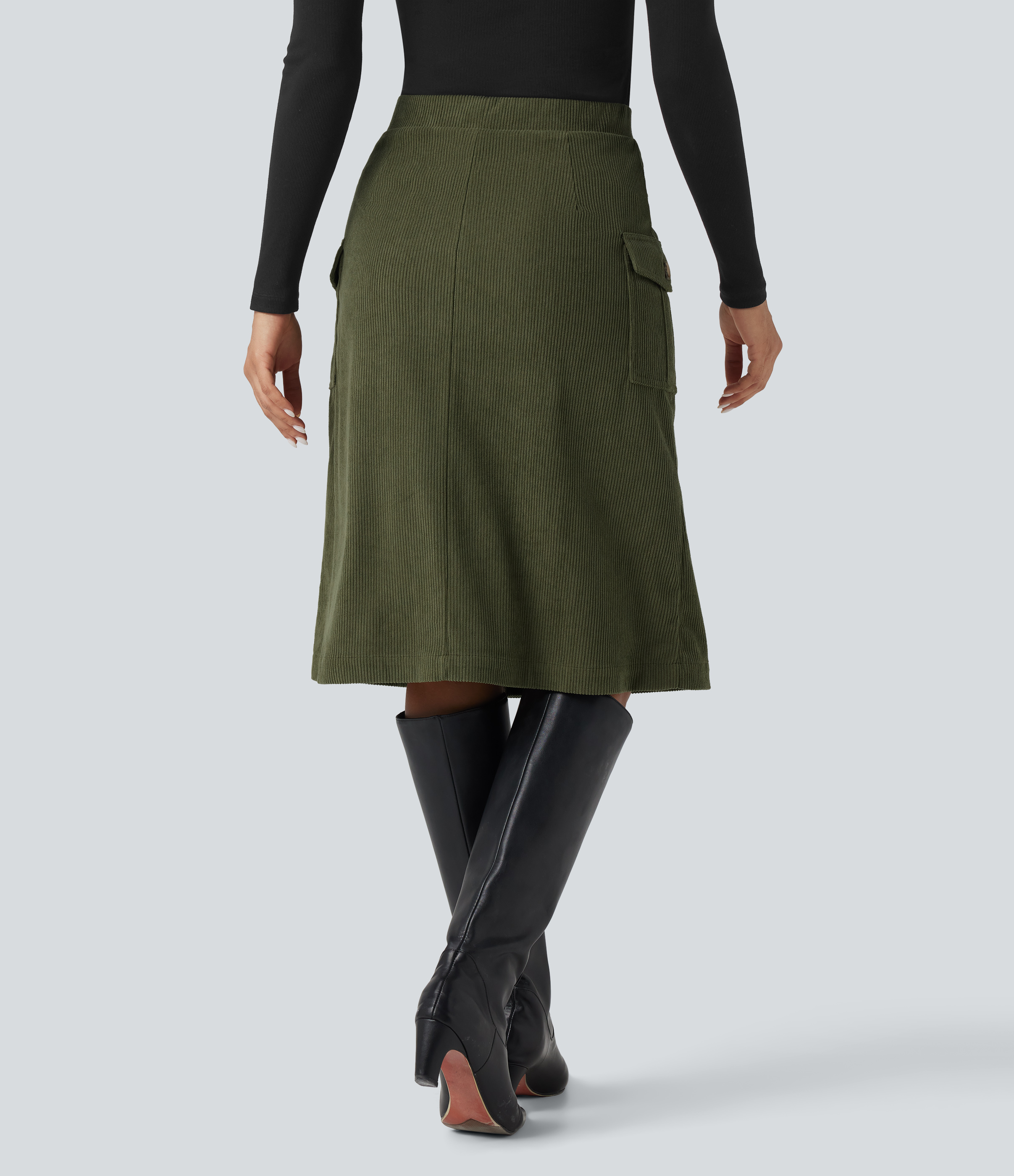 Hazel Mist Green Falda midi casual de pana con tiro alto y corte en A con bolsillos / 2