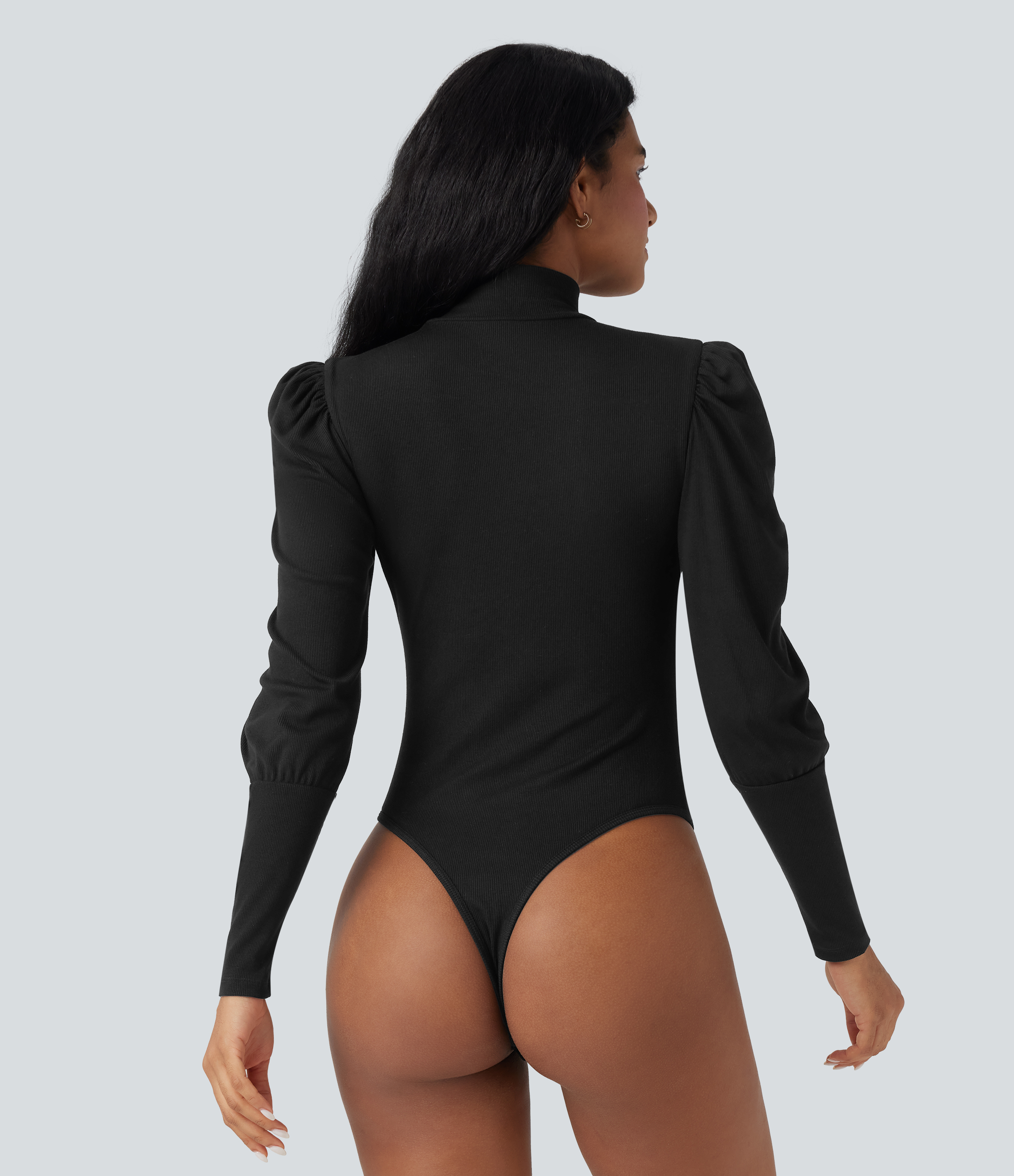 Schwarz Enger Arbeitsbodysuit aus geripptem Strick mit hohem Kragen und Puffärmeln / 2