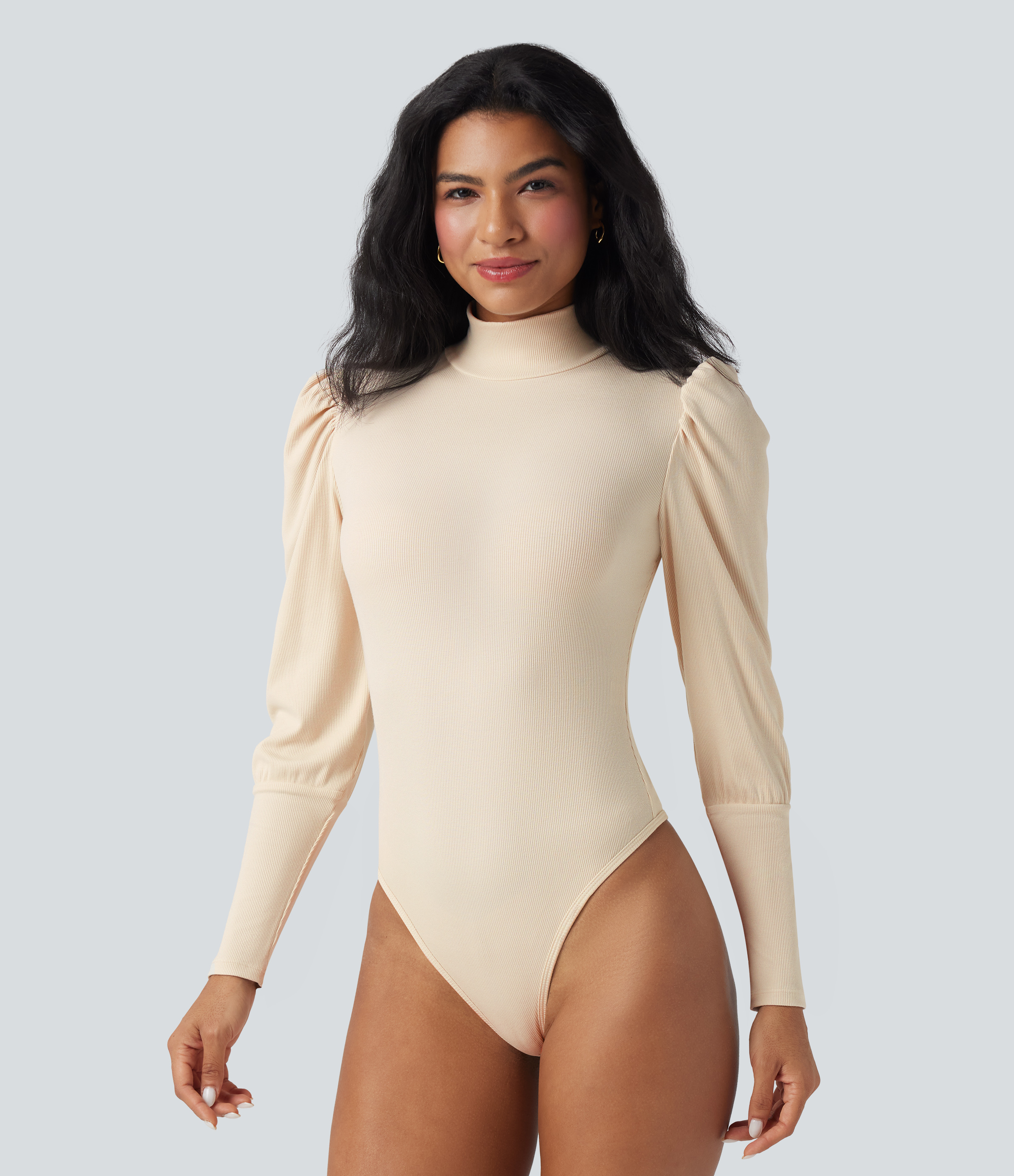 Body de travail en maille côtelée à col montant, manches bouffantes et coupe slim