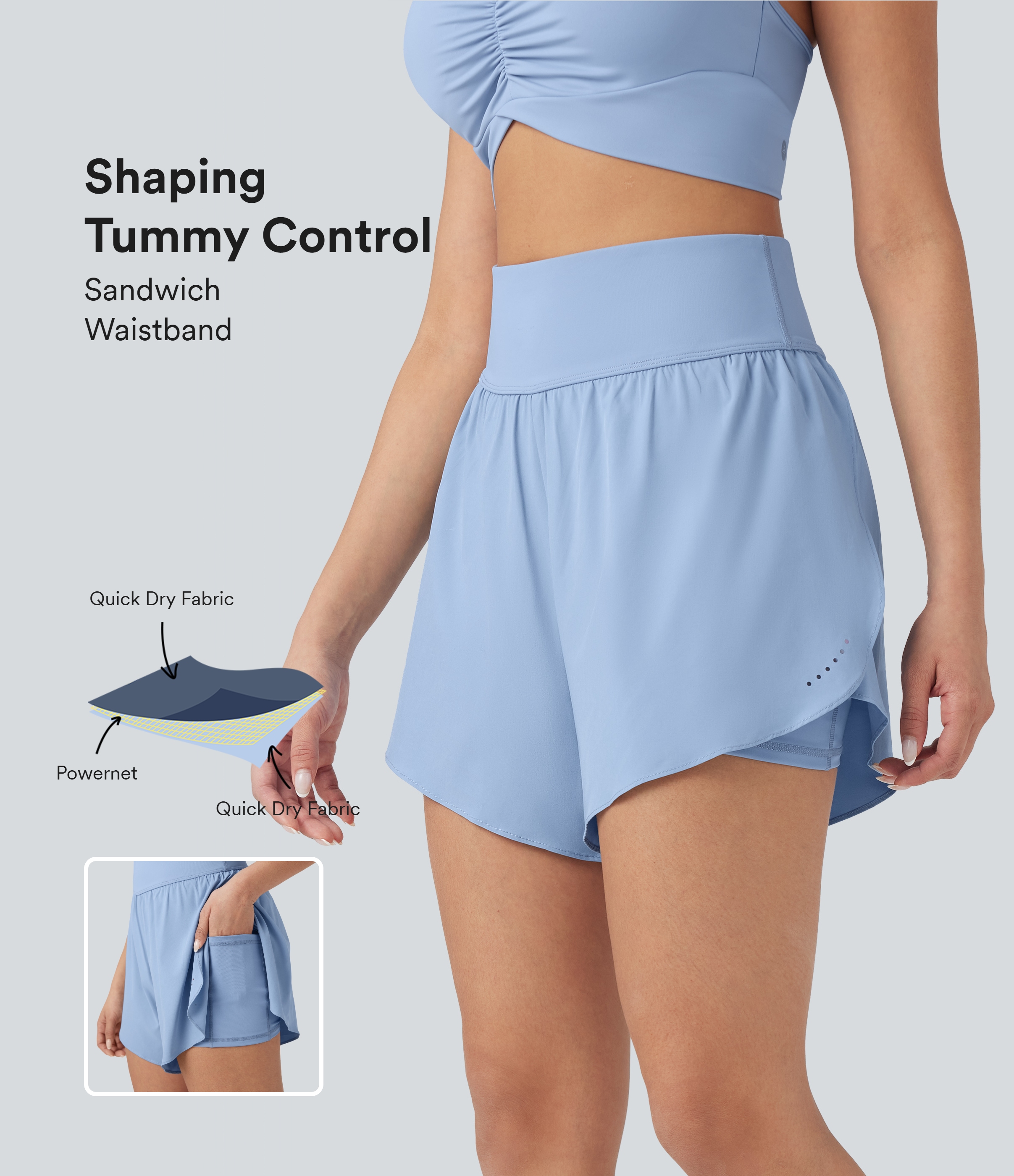 High-waisted, slimming 2-in-1 running shorts with reflective details, crossover hem, quick-drying 12.5 cm length, and SoftlyZero™ pockets