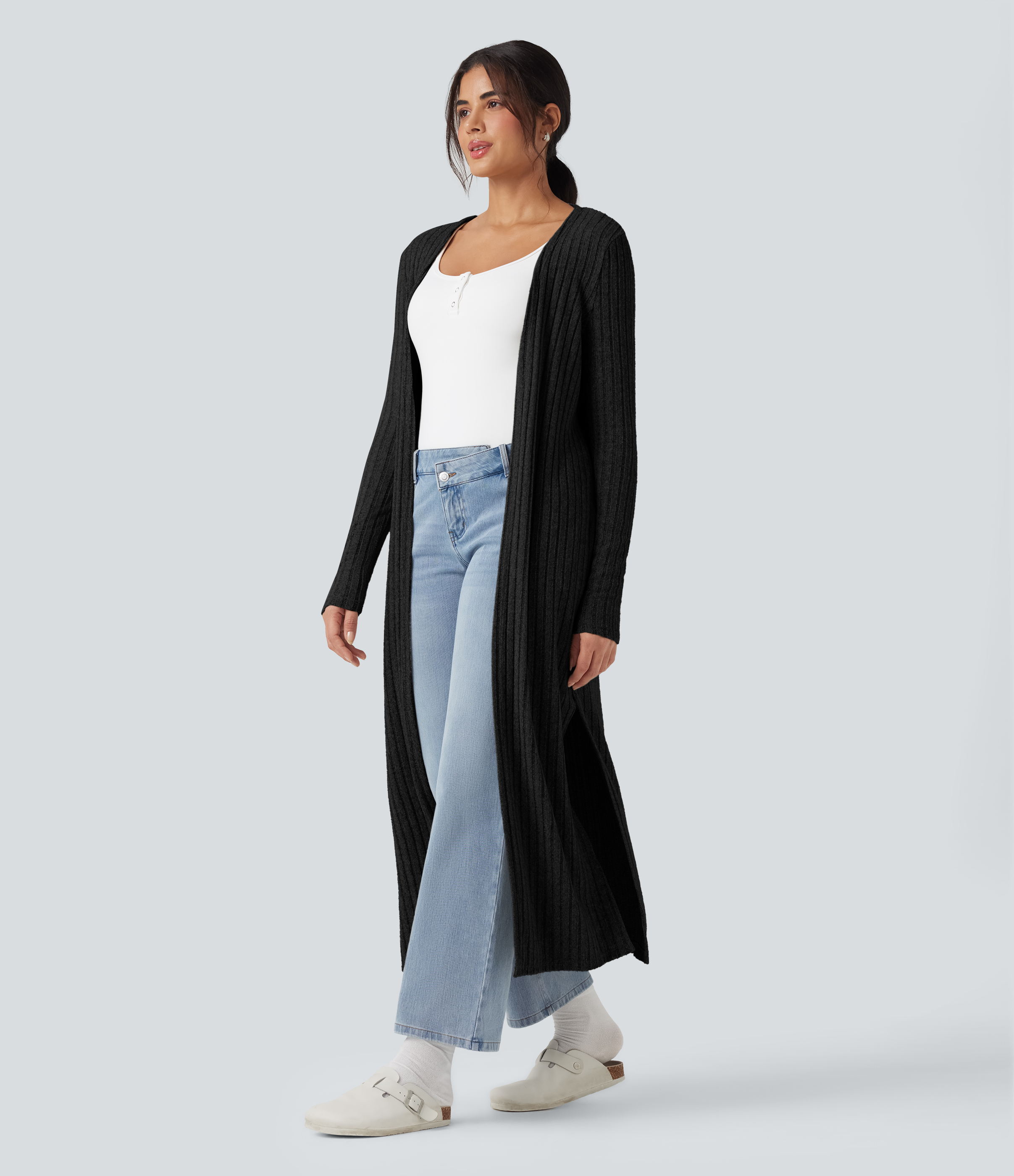 Ribbed Knit Long Sleeve Split Casual Longline Coat