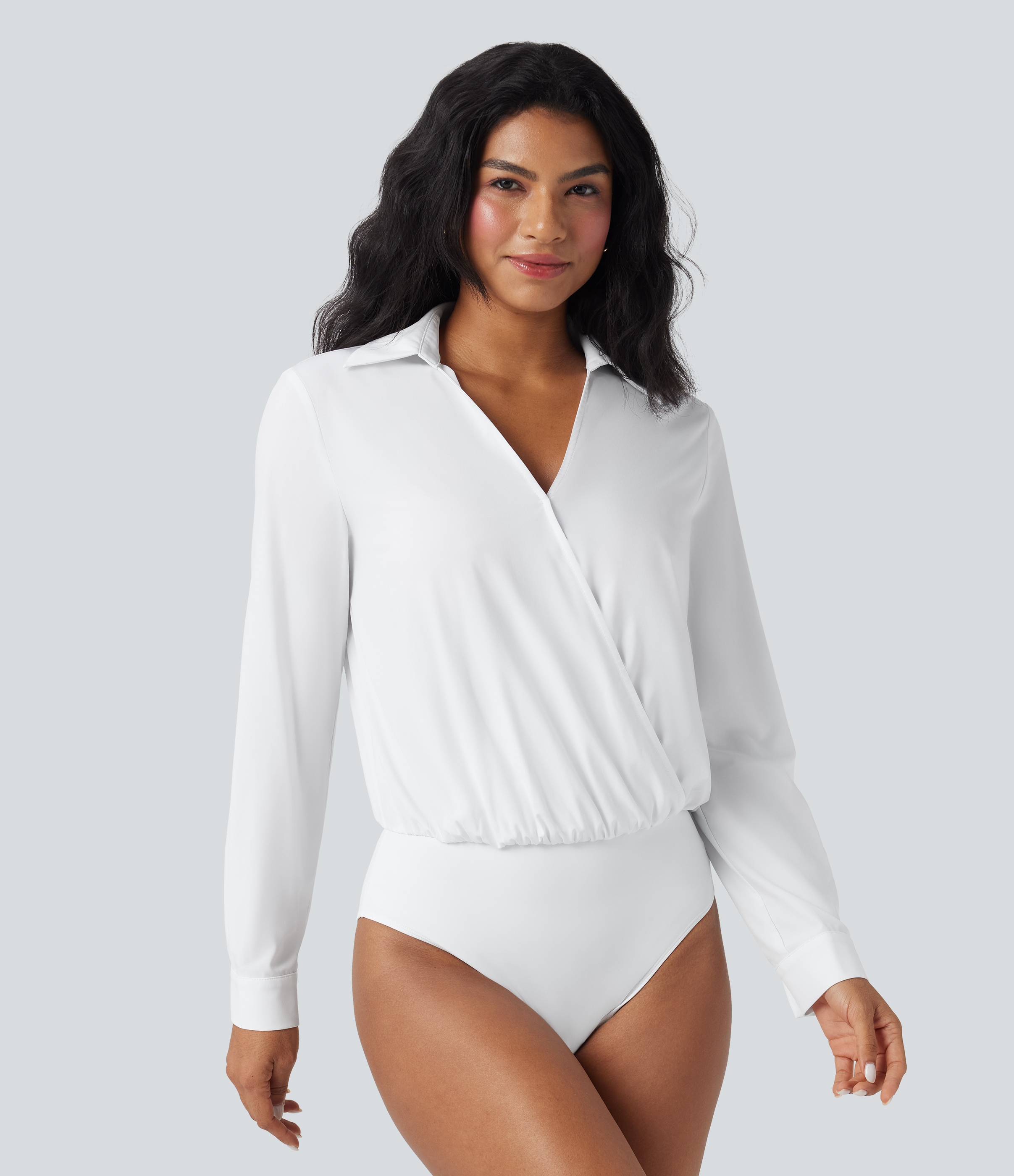 Blanco Body de oficina Breezeful™ de secado rápido de manga larga y cuello en V / 2