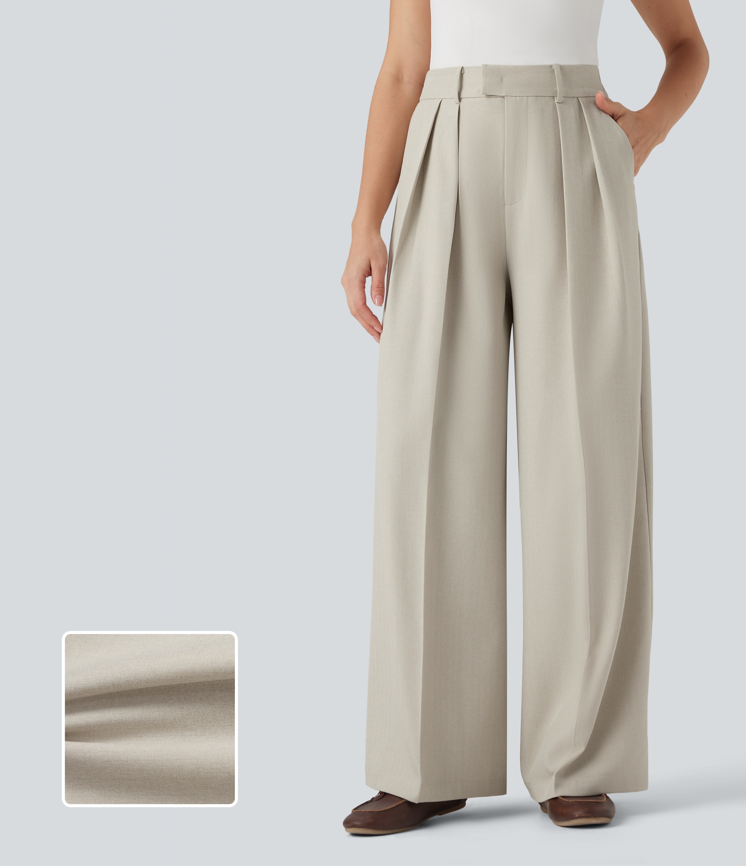 Warm Sandstone High Waisted Wide Leg Work Linen-Feel Trousers with Pockets / 1