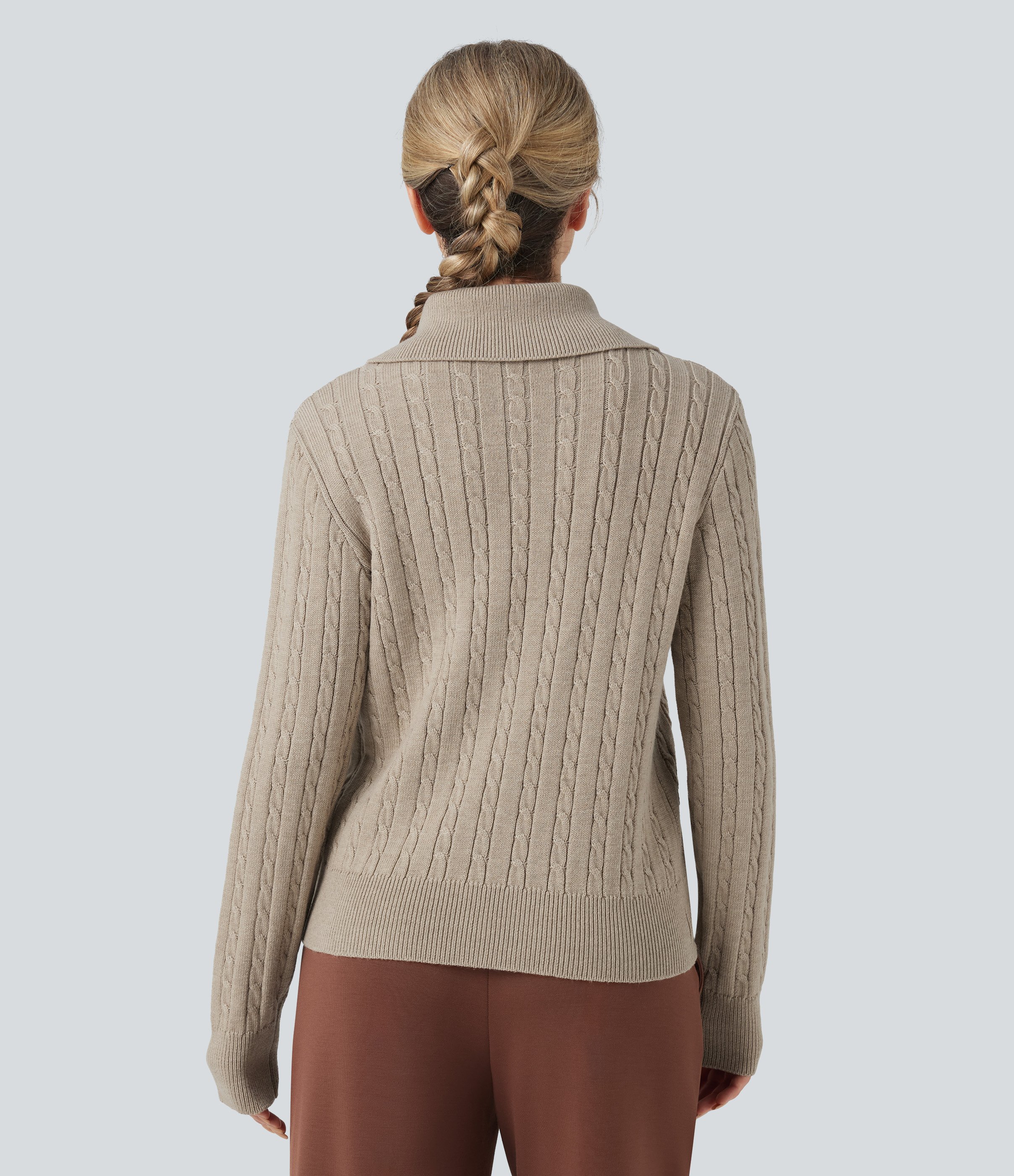 Cement Lapel Long Sleeve Cable Knit Relaxed Fit Work Wool-Blend Jumper / 2