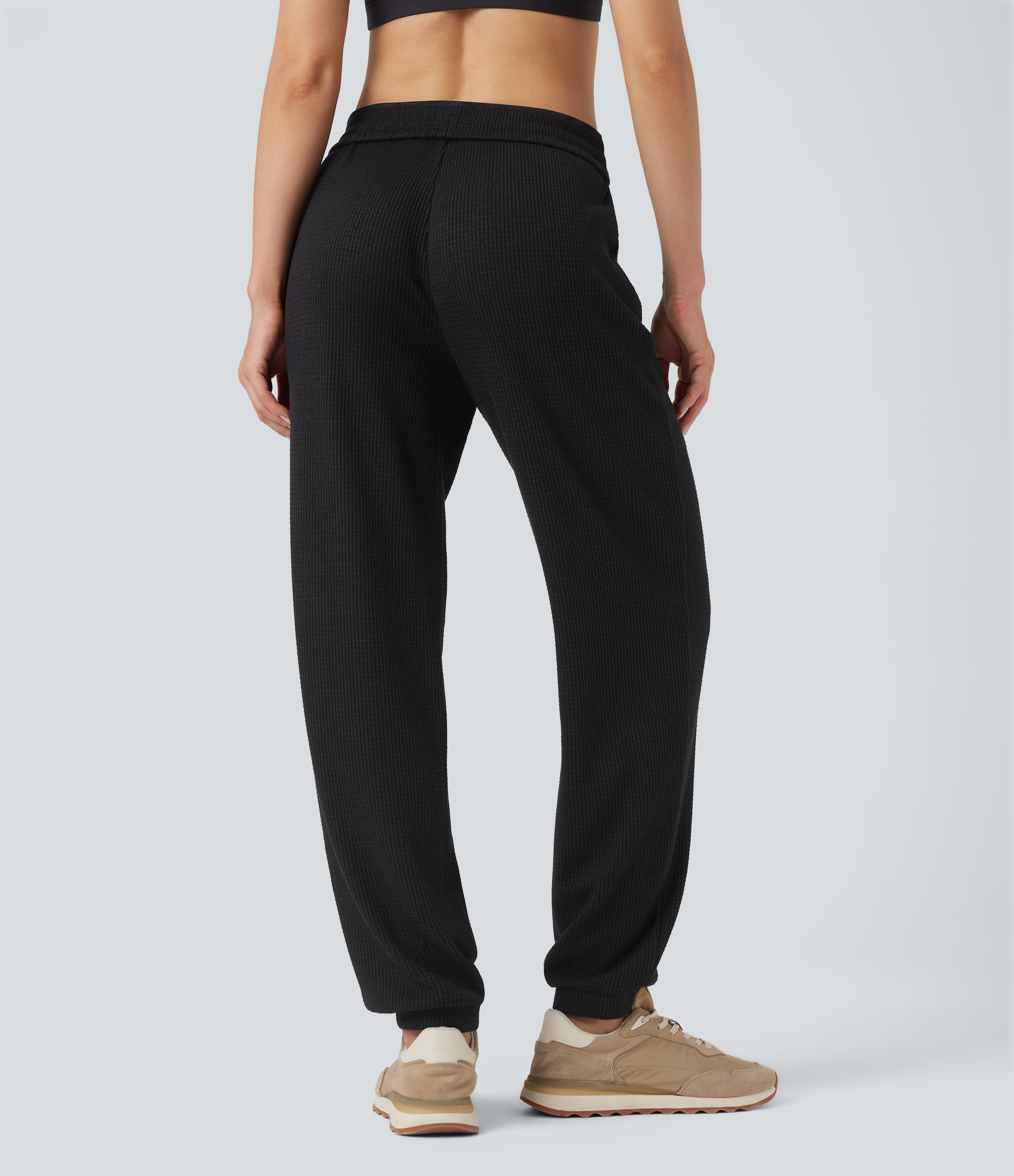 Noir Jogging décontracté maille gaufrée taille haute avec cordon et poches / 2