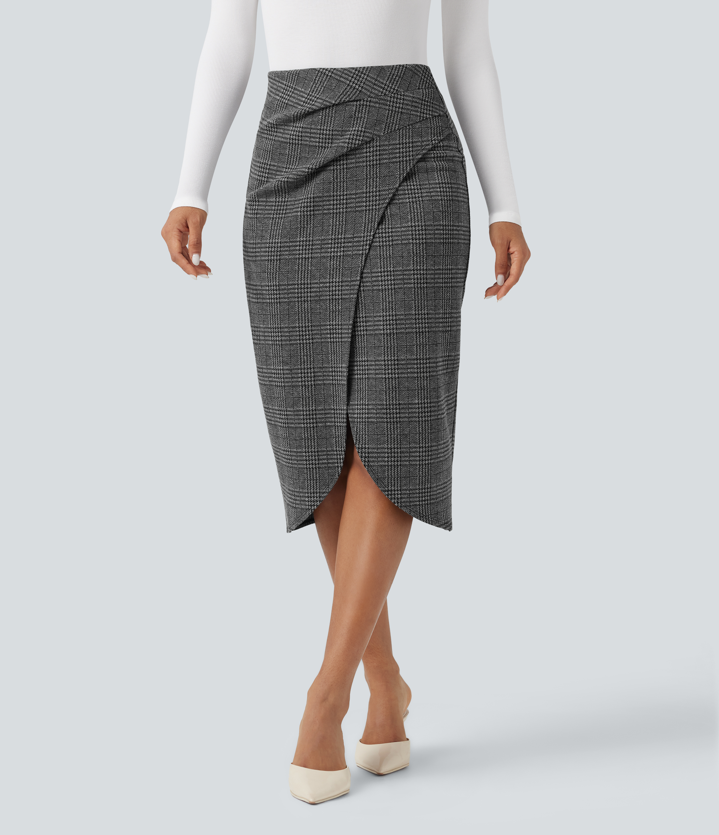 Jupe midi de travail taille haute 2-en-1, ourlet tulipe, motif pied-de-poule à carreaux