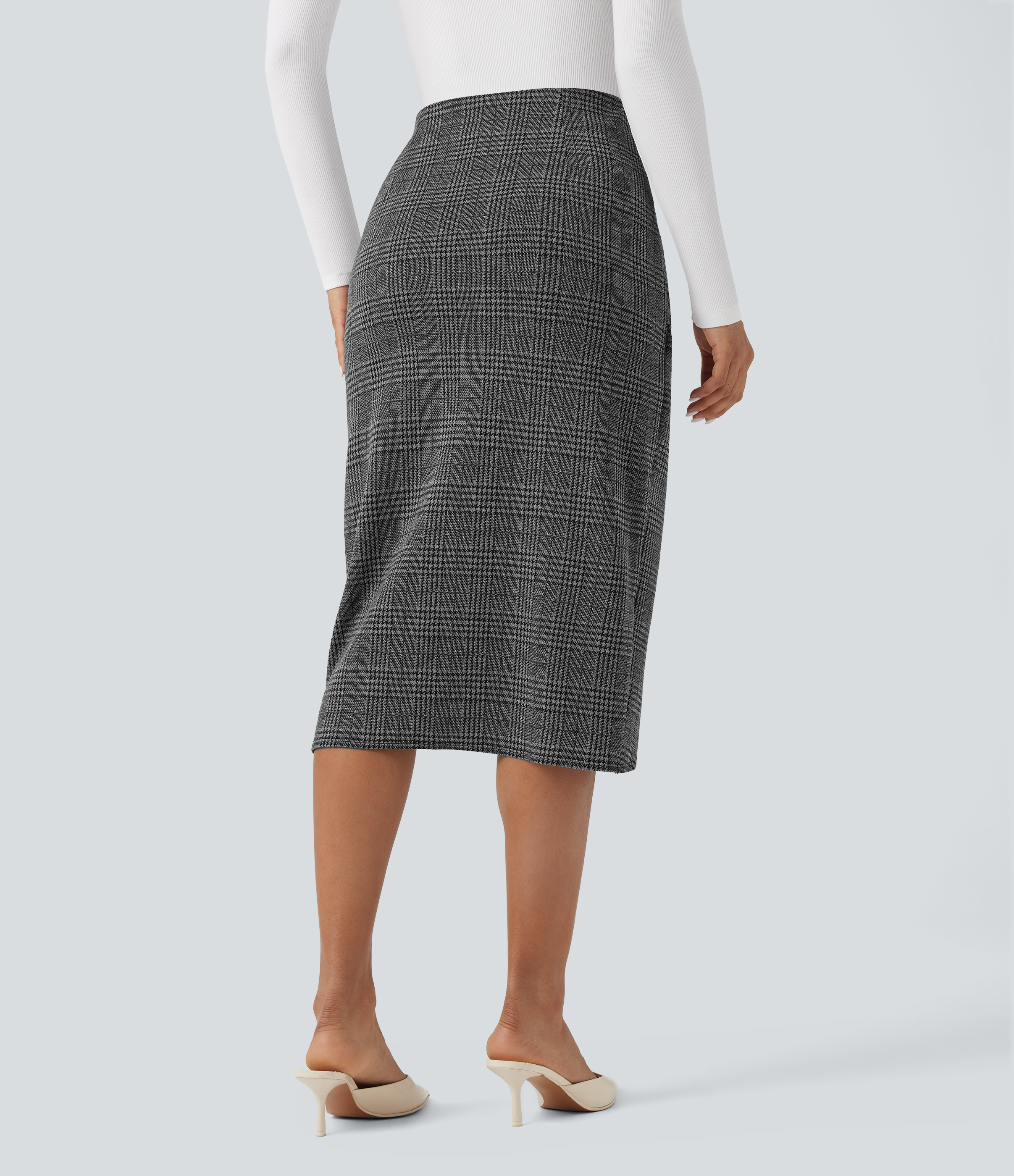 Dark Gray Plaid Jupe de travail midi 2-en-1 taille haute pied-de-poule à carreaux ourlet tulipe / 2